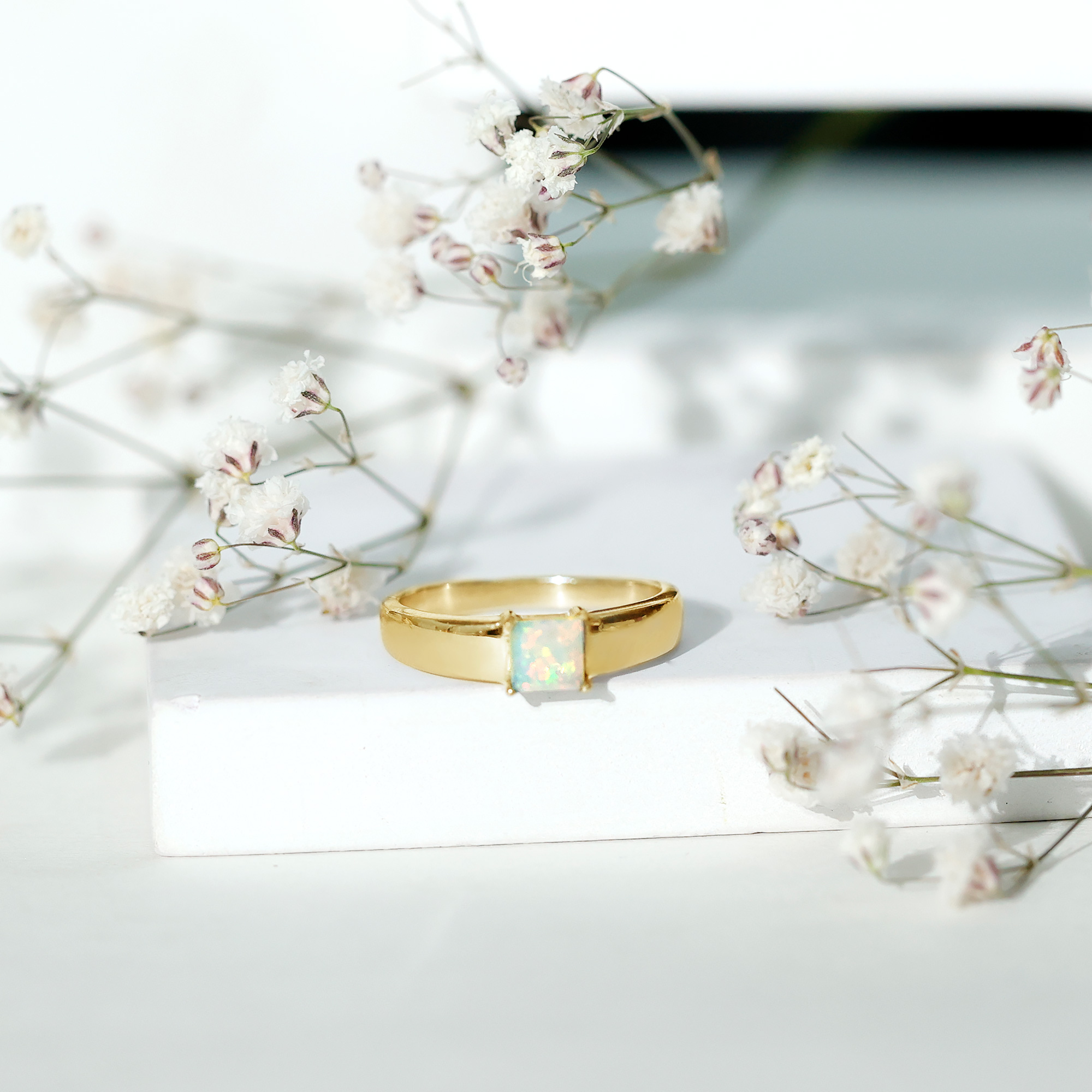 thumbnail video image 2 of Rosec Jewels Ethiopian Opal Engagement Ring for Women (0.7 Carat, AAA Quality) - Princess Cut Opal Ring - with Jewelry Box, 18K White Gold, US 11.00, 2 of 9