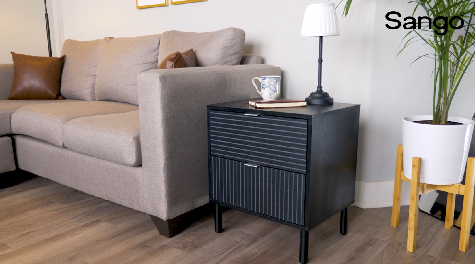 thumbnail video image 2 of Sango Merk 16 in. Brown 2-Drawer Nightstand -Stylish and Functional Storage, 2 of 8