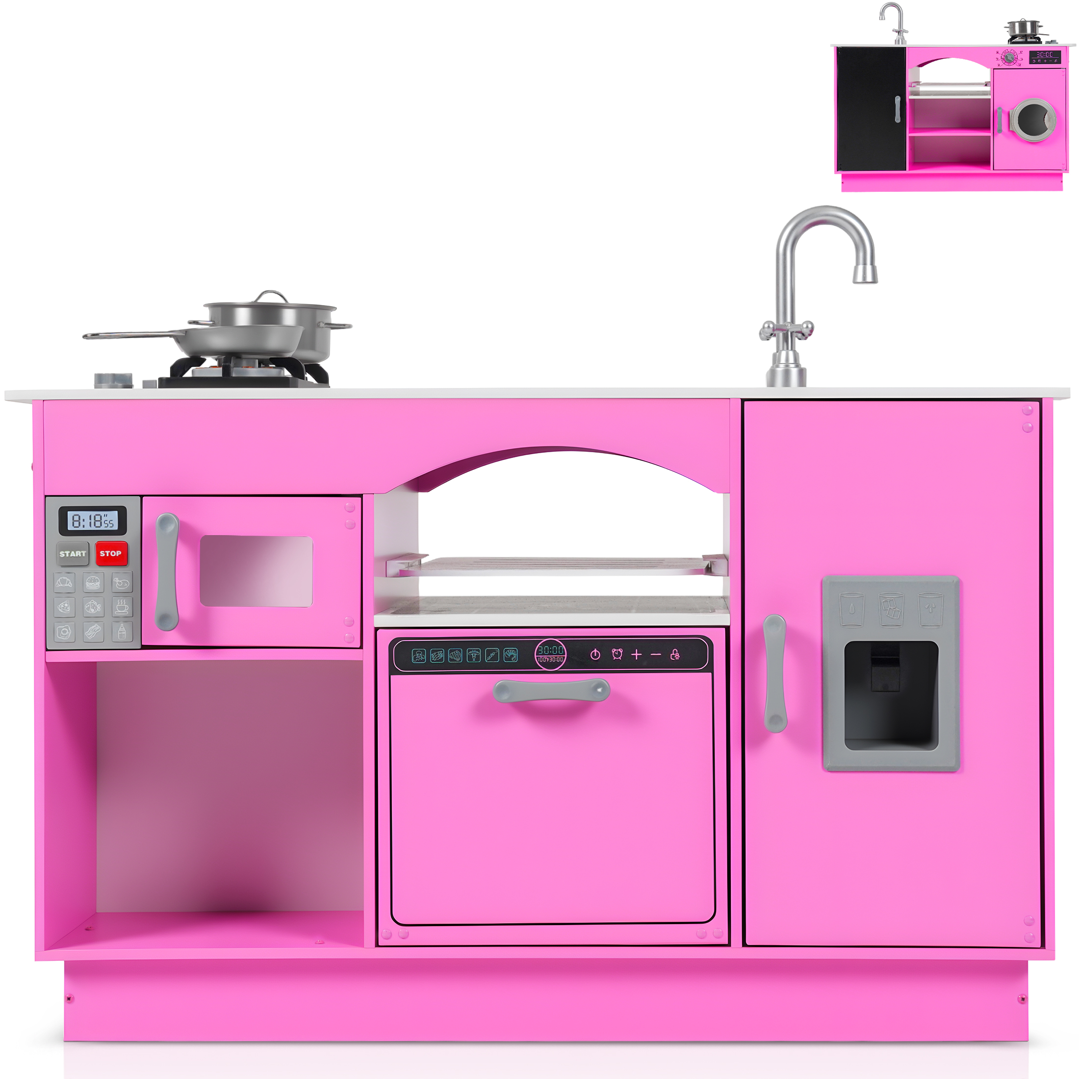 thumbnail video image 2 of iYofe Play Kitchen for Kids, Wooden Kids Kitchen Playset Island Pretend Play Toys with Oven, Sink, Microwave, Chalkboard, Educational Kitchen Toy Birthday Christmas Gifts for Kids Toddlers, Pink, 2 of 10