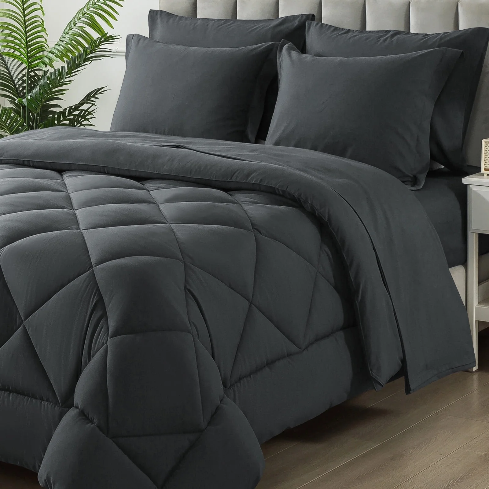 thumbnail video image 2 of Wishead Queen Bed in a Bag Comforter Set with 7 Pieces - Dark Gray All Season Bedding Sets with Comforter, Pillow Shams, Flat Sheet, Fitted Sheet and Pillowcases, 2 of 10
