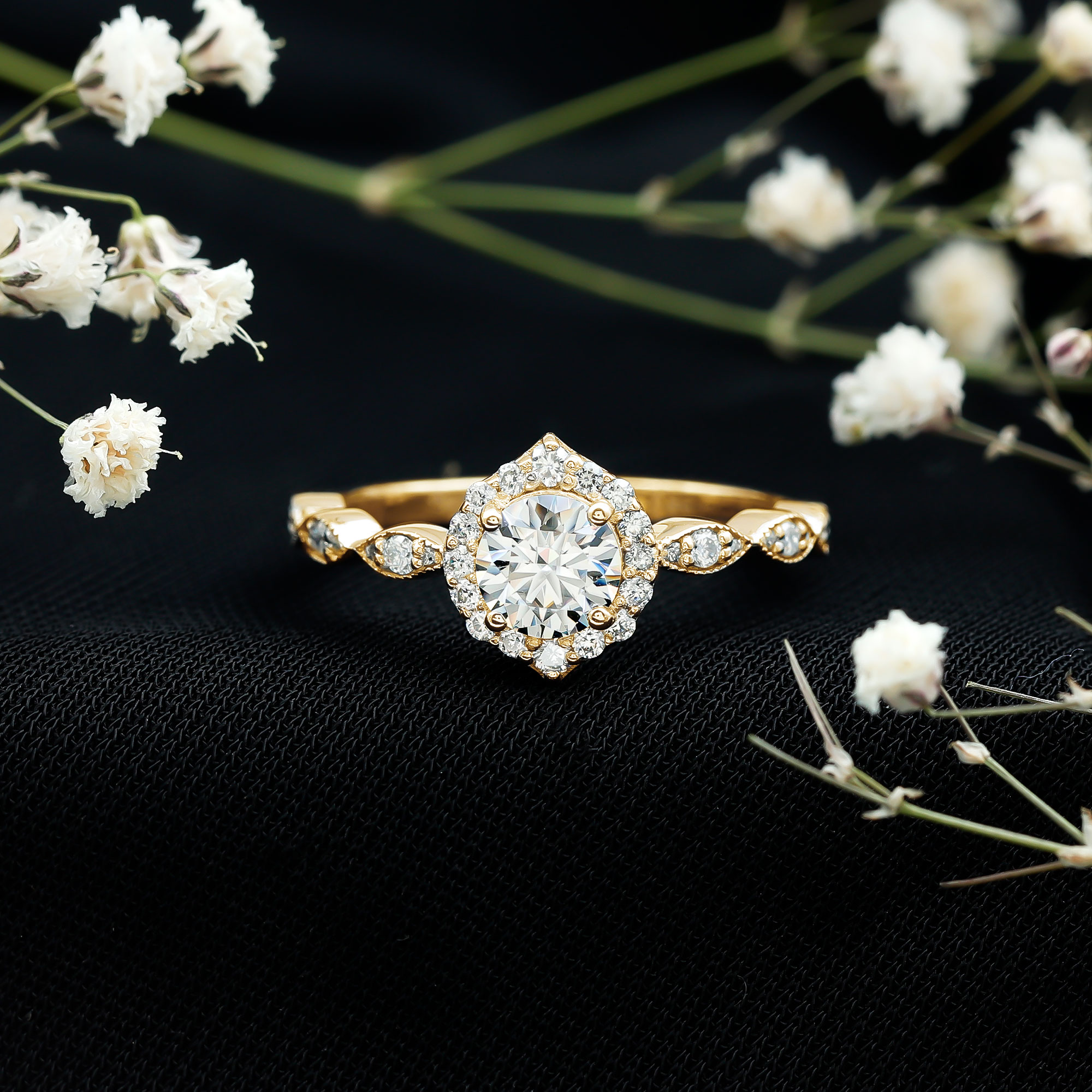 thumbnail video image 2 of Rosec Jewels Lab Created Diamond Halo Engagement Ring for Women - Vintage Inspired Ring - EF-VS Grade, 18K White Gold, US 9.00, 2 of 9