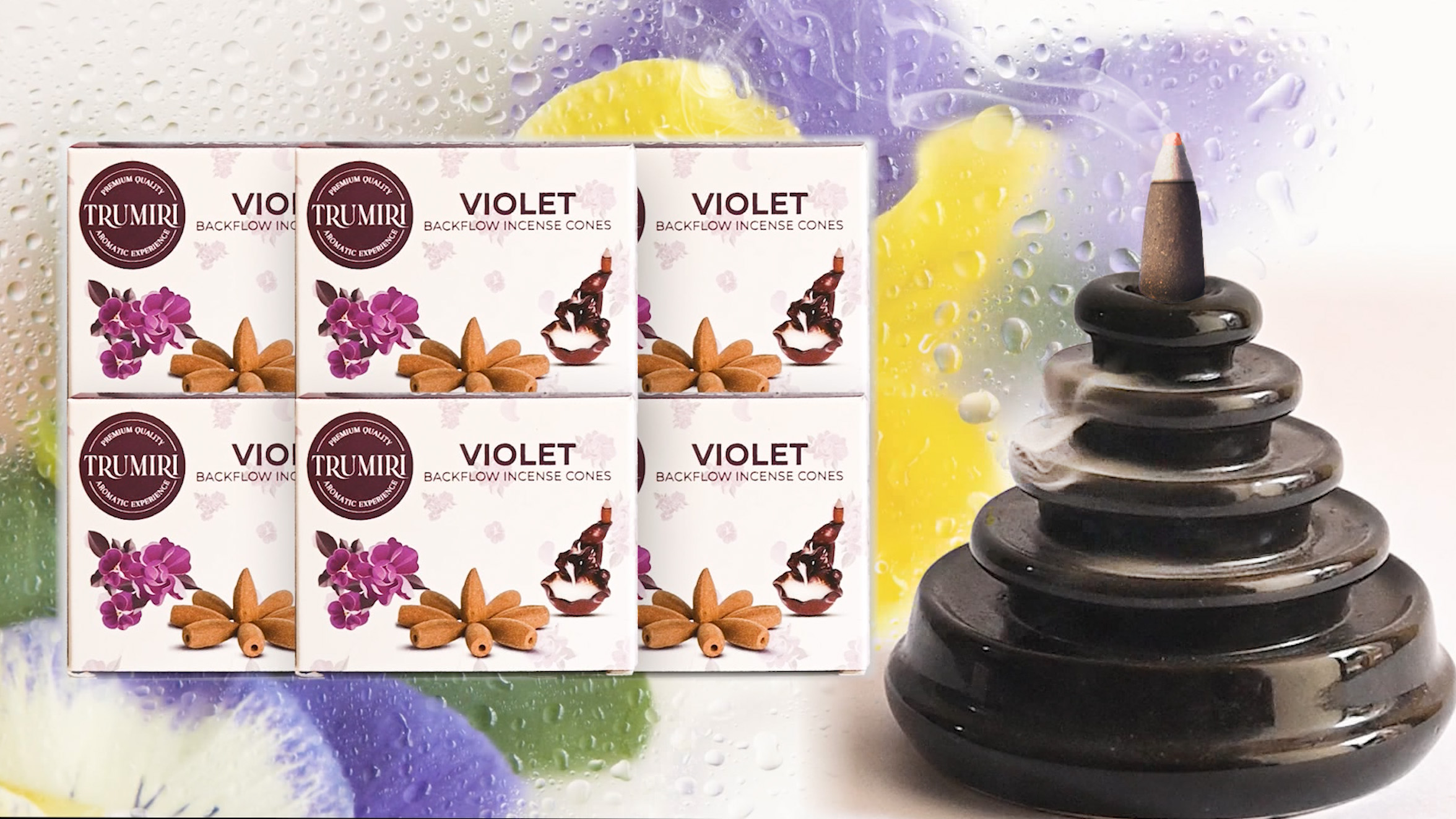 thumbnail video image 2 of Violet Backflow Incense - 60 Cones, Six Packs of 10, Waterfall Effect, 2 of 8