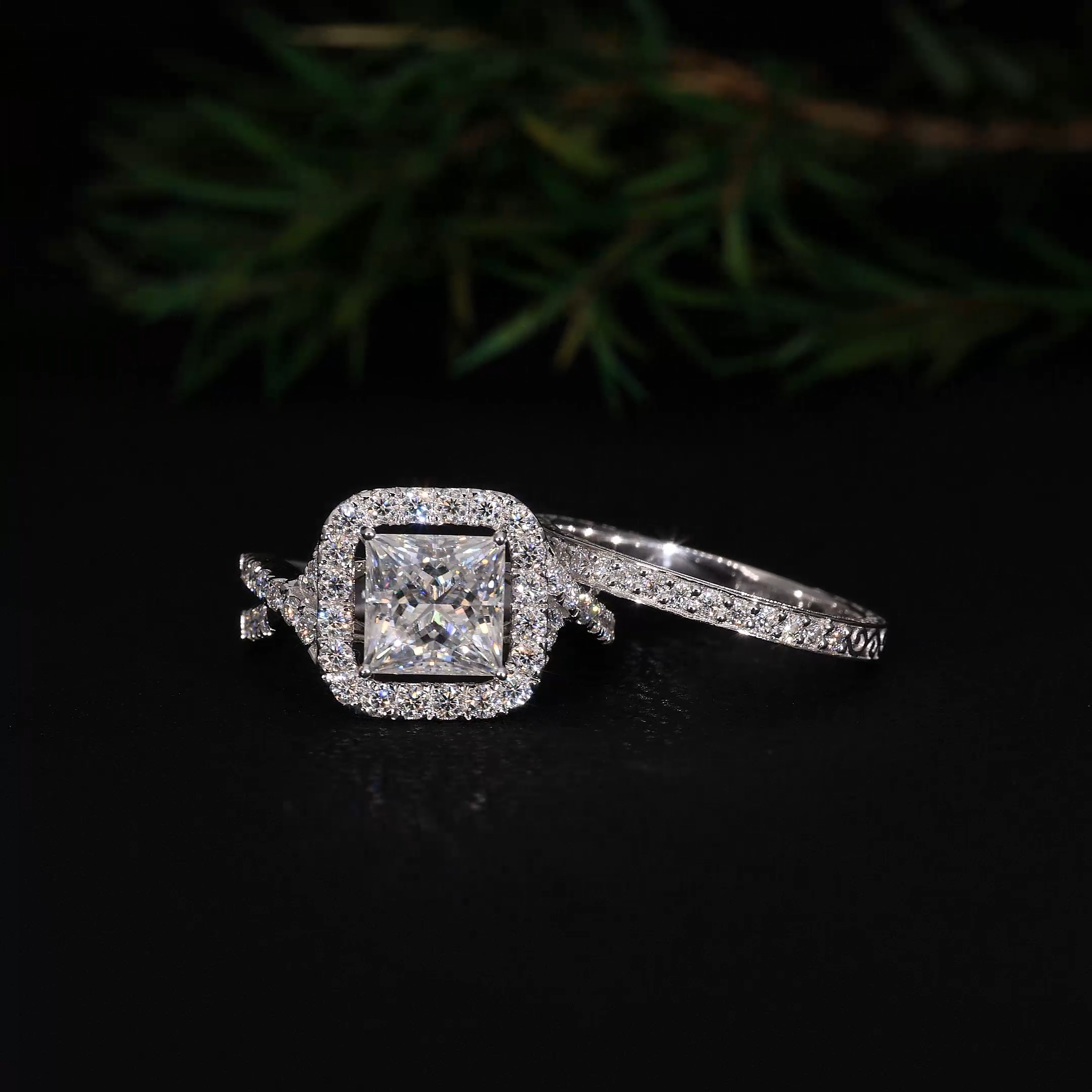 thumbnail video image 2 of ESTE ORIGIN 2ct Princess Moissanite Halo Wedding Ring Set - Vintage Inspired – Twisted Band with Pave Accents in 10K White Gold for Women, 2 of 8