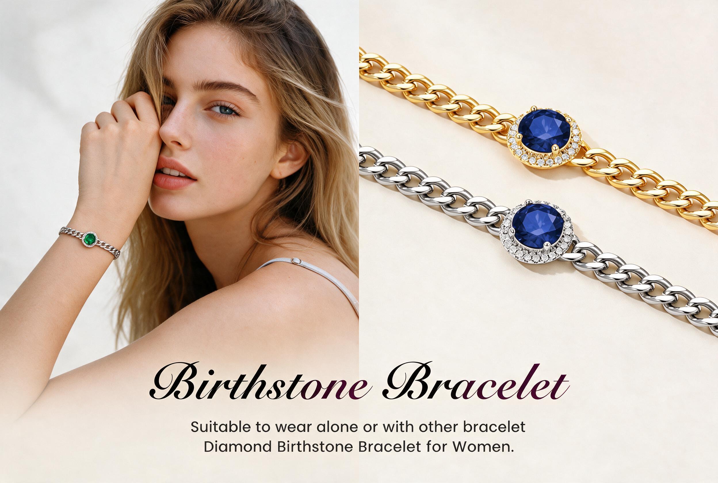 thumbnail video image 2 of Bestyle Birthstone Bracelet for Women Cuban Link Bracelet with Created Aquamarine Birthday Everyday Wear Jewelry for Granddaughter Sister Her, 2 of 9
