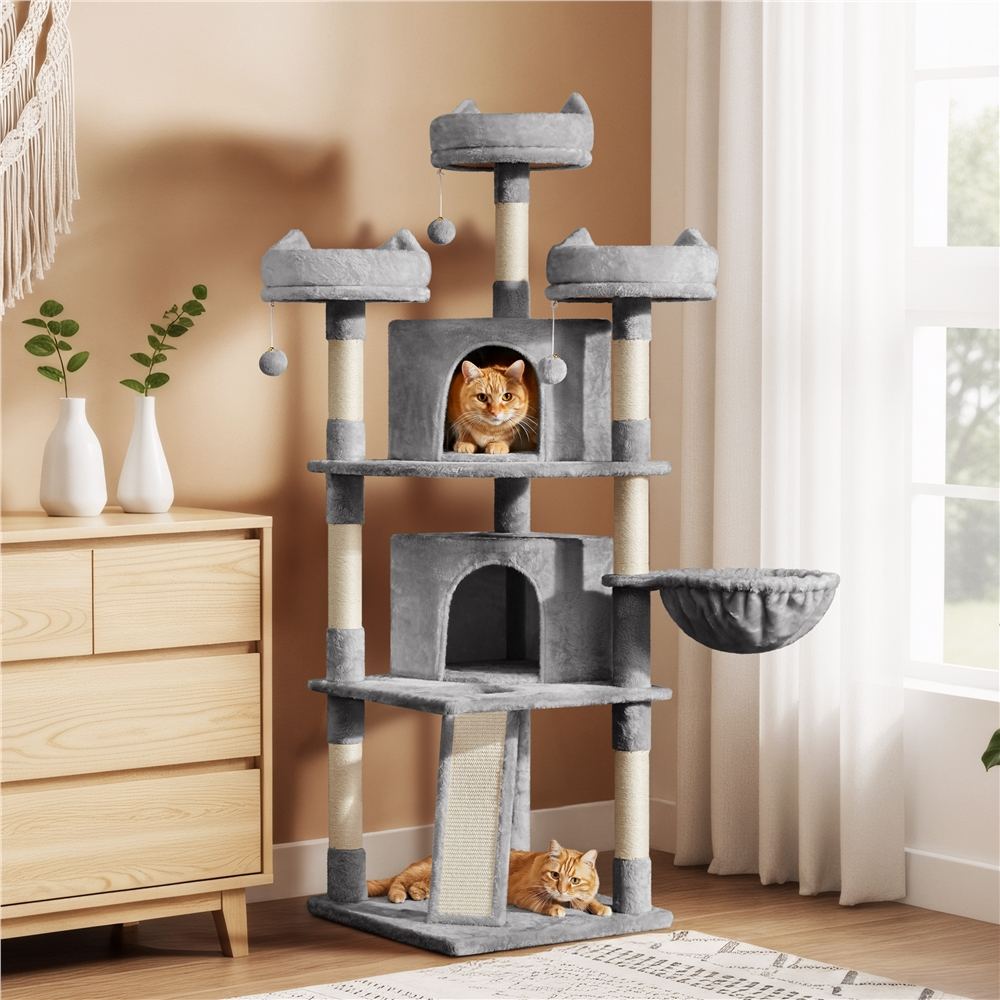 thumbnail video image 2 of Yaheetech 69'' Large Cat Tree Tower with 2 Condos and Scratching Post, Light Gray, 2 of 10
