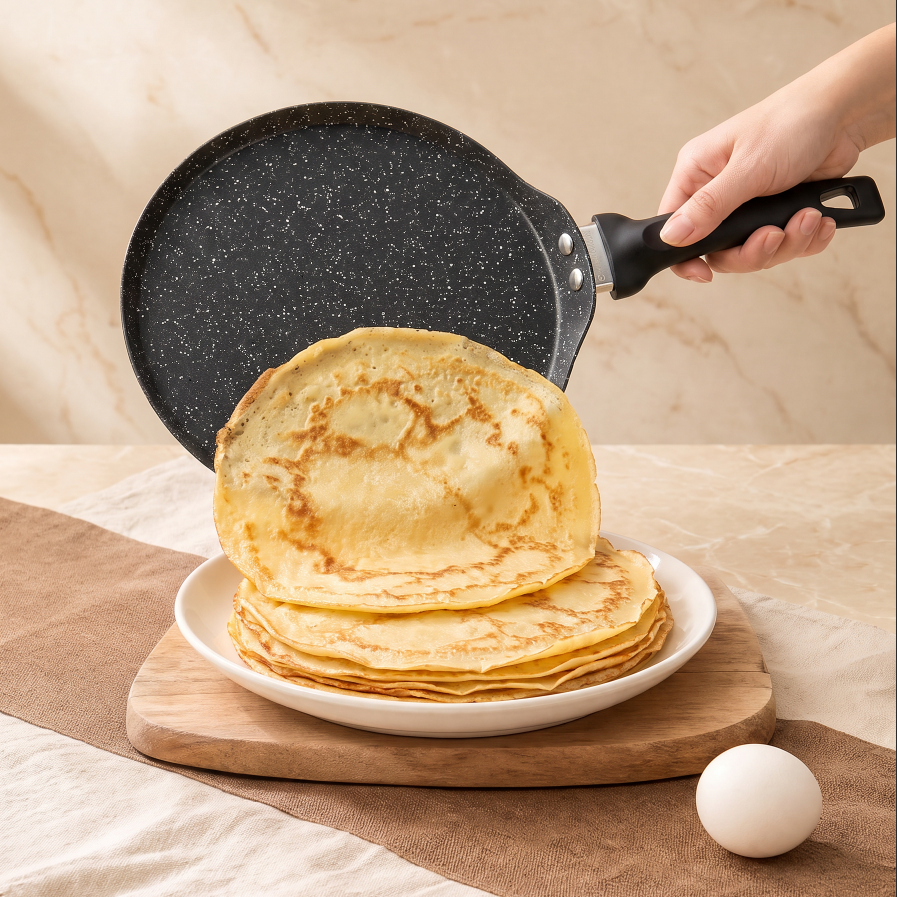 thumbnail video image 2 of Innerwell 11 Inch Granite Coating Nonstick Comal Pan, Flat Skillet for Tortillas, Crepes, Pancakes, Roti and Dosa, Large Round Griddle for All Stovetops, 2 of 10