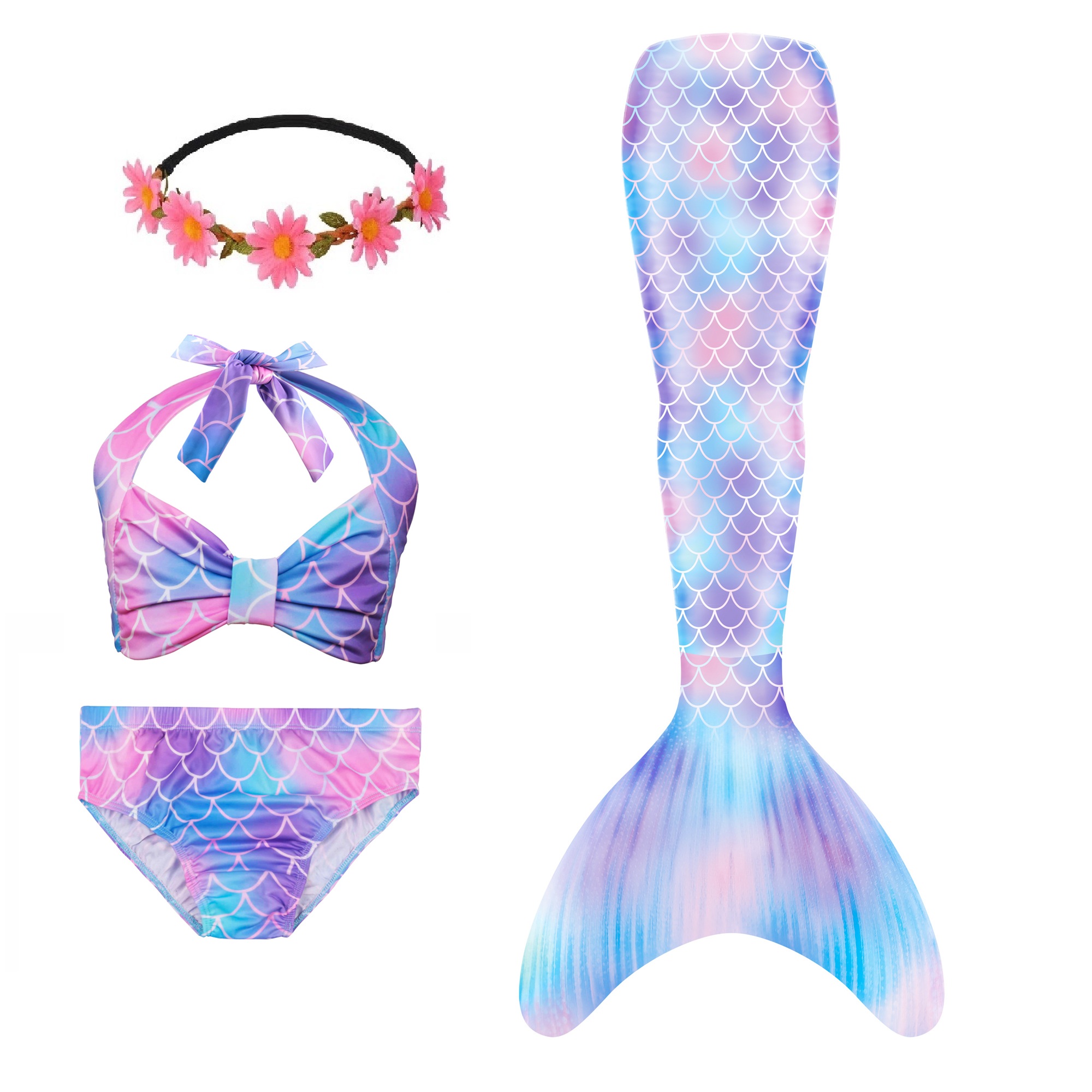 thumbnail video image 2 of Mermaid Tails, Mermaid Tails For Swiming For Girls,4 PCS Girls Swimsuit Bathing Suits Bikini with Cover Up Birthday Gift for Girl 3-11 Years (Monofin not included.), 2 of 8