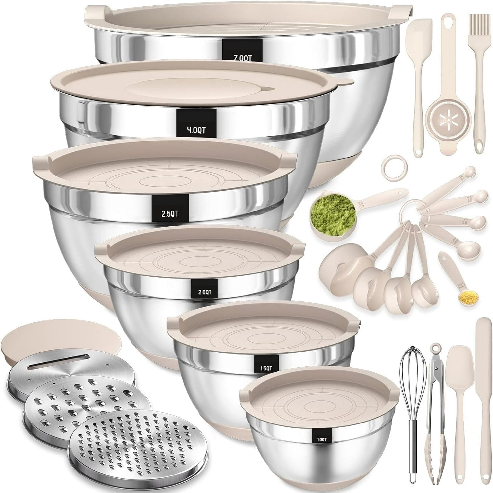 thumbnail video image 2 of Mixing Bowls with Airtight Lids, AOKIWO 32Pcs Stainless Steel Nesting Non-Slip Bottoms Mixing Serving Bowls Set wtih 3 Grater & Tools Gadgets, 7/4/2.5/2/1.5/1QT Metal Salad Bowls for Serving Preppi, 2 of 8