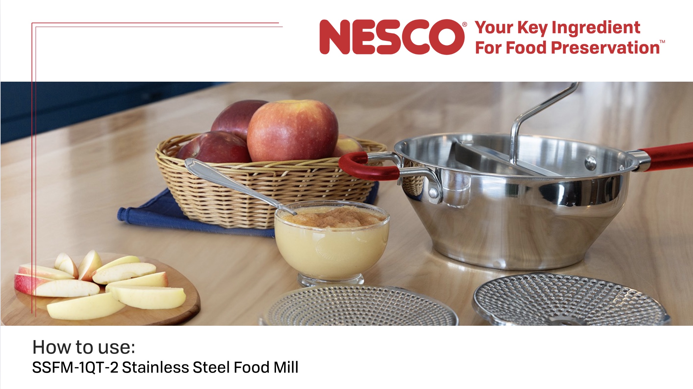 thumbnail video image 2 of NESCO 32 oz Stainless Steel Food Mill, Multi-Use Canning Supplies for Purees and Sauces, Grinder for Canning Tomato Sauce, Jam, and Homemade Baby Food, 2 of 15