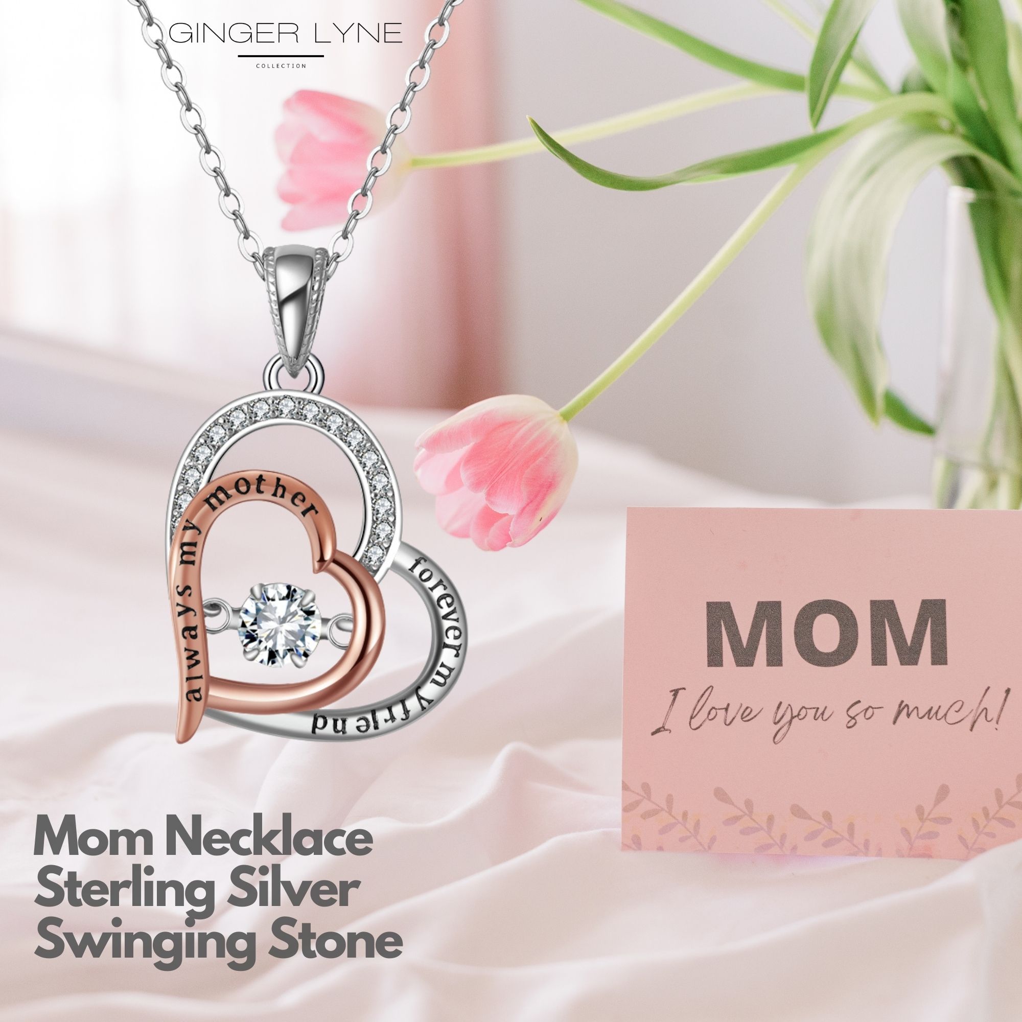 thumbnail video image 2 of Birthstone Mom Necklace for Mother by Ginger Lyne Sterling Silver Swinging CZ, 2 of 9