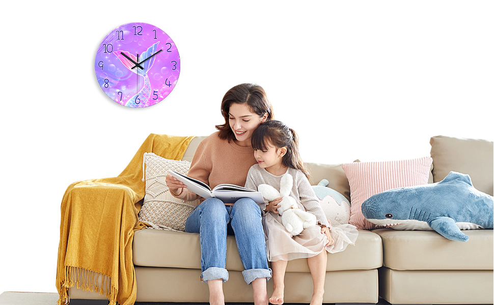 thumbnail video image 2 of Bedroom Decor for Teen Girls - Pink Wall Clocks Battery Operated 14 Inch - Glass Mermaid Wall Clock Non-Ticking, 2 of 8