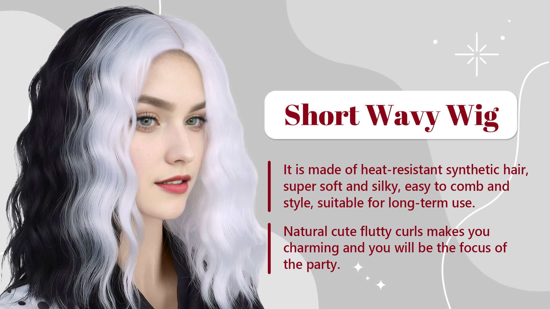thumbnail video image 2 of FEOYA Women Ombre Wigs Curly Bob Wig Shoulder Length Synthetic Heat Resistant Wigs Half Black Half White Wigs Lady Short Curly Wavy Bob Wig Hair for Carnival Nightclub Showing, 2 of 8