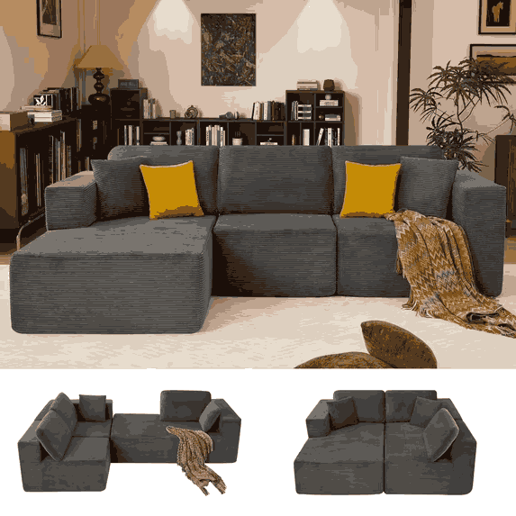 thumbnail video image 2 of JONPONY 109”Cloud Sectional Couch, Boneless Modular Sofa with L-Shape Chaise, Deep Seat Corduroy Couch, No Assembly Required, Modern Upholstered Sectional for Living Room Apartment Bedroom,Grey, 2 of 11
