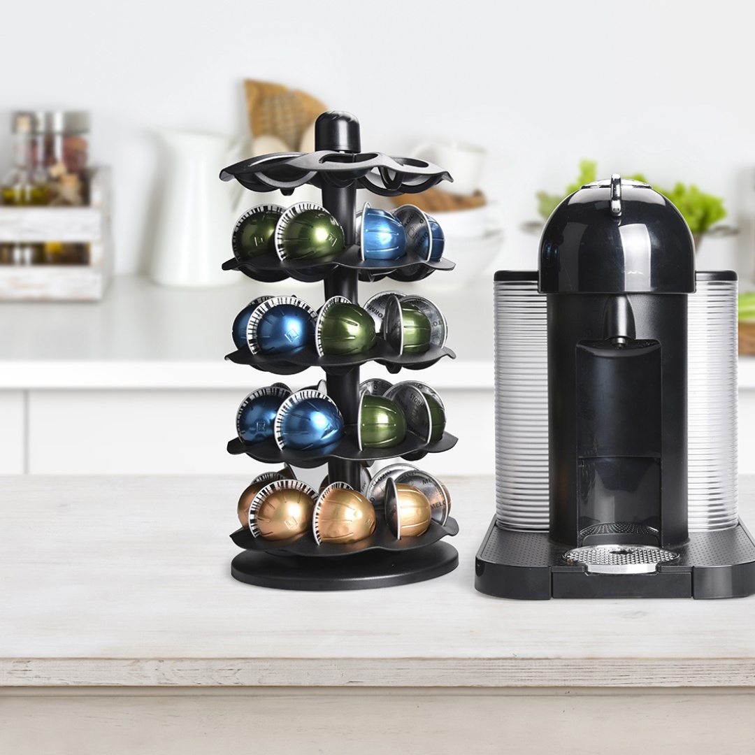 thumbnail video image 2 of Everie Rotary Coffee Pod Capsules Carousel Holder Organizer Compatible with 40 Nespresso Vertuoline Capsules (Black), 2 of 7
