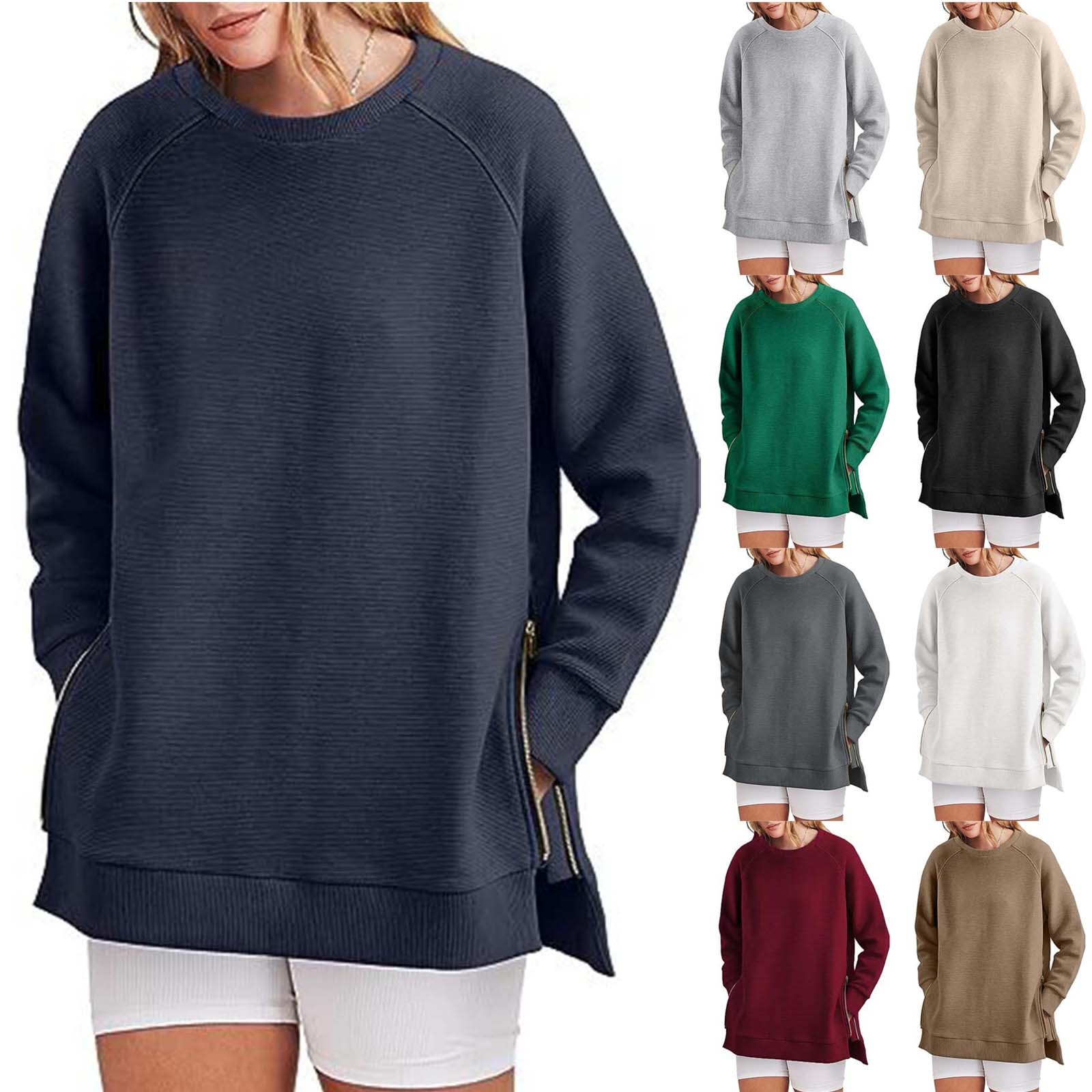 thumbnail video image 2 of BKQCNKM Sweatshirt for Women Oversized Sweatshirt for Women's Sweatshirts Long Sleeve Tunic Tops Crew Neck Soft Pullover with Side Zipper Shirt Crewneck Sweatshirts Women, White XL, 2 of 7