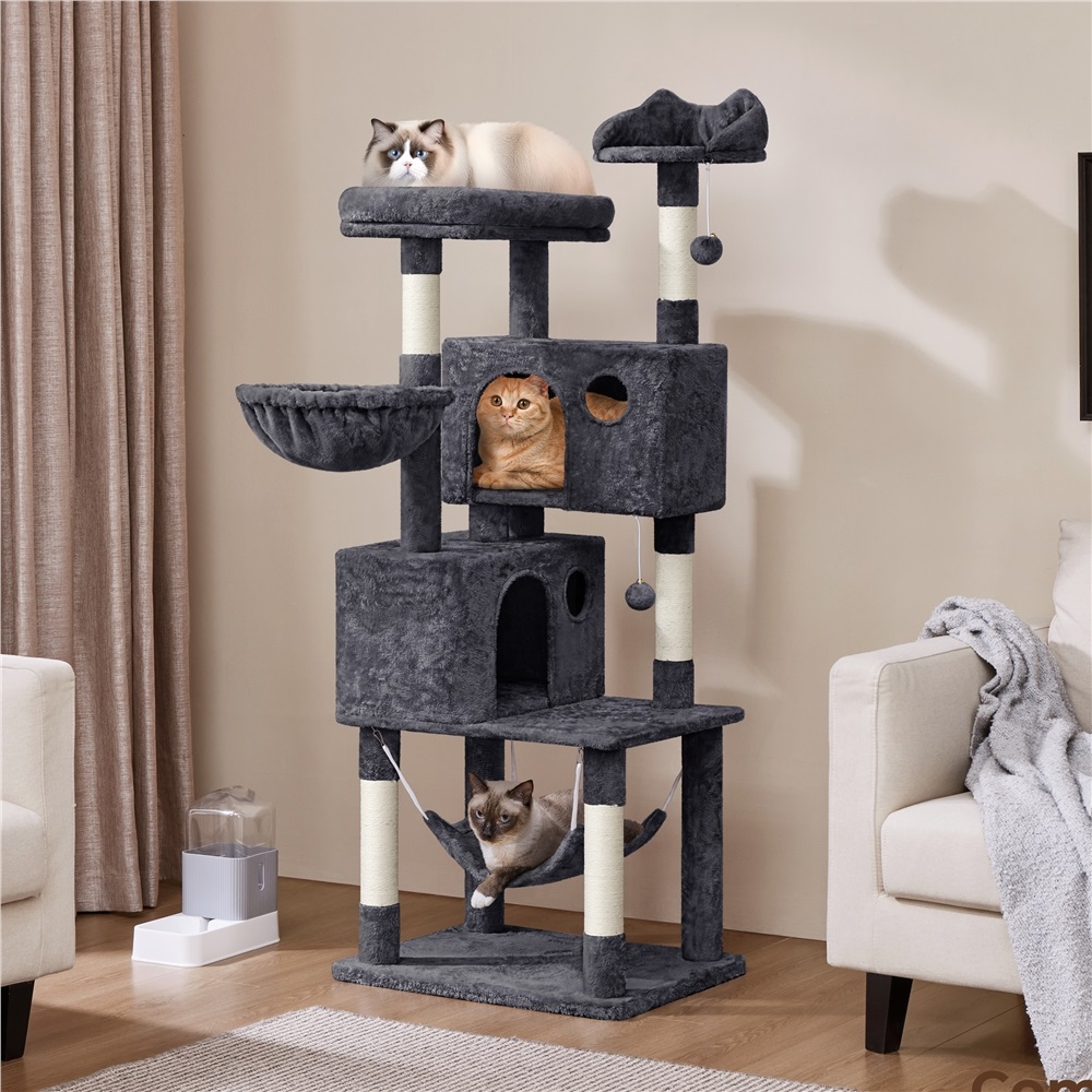 thumbnail video image 2 of Yaheetech 64.5in Multi-level Large Cat Tree Condo Tower with Hammock Scratching Posts & Hammock, Dark Gray, 2 of 9