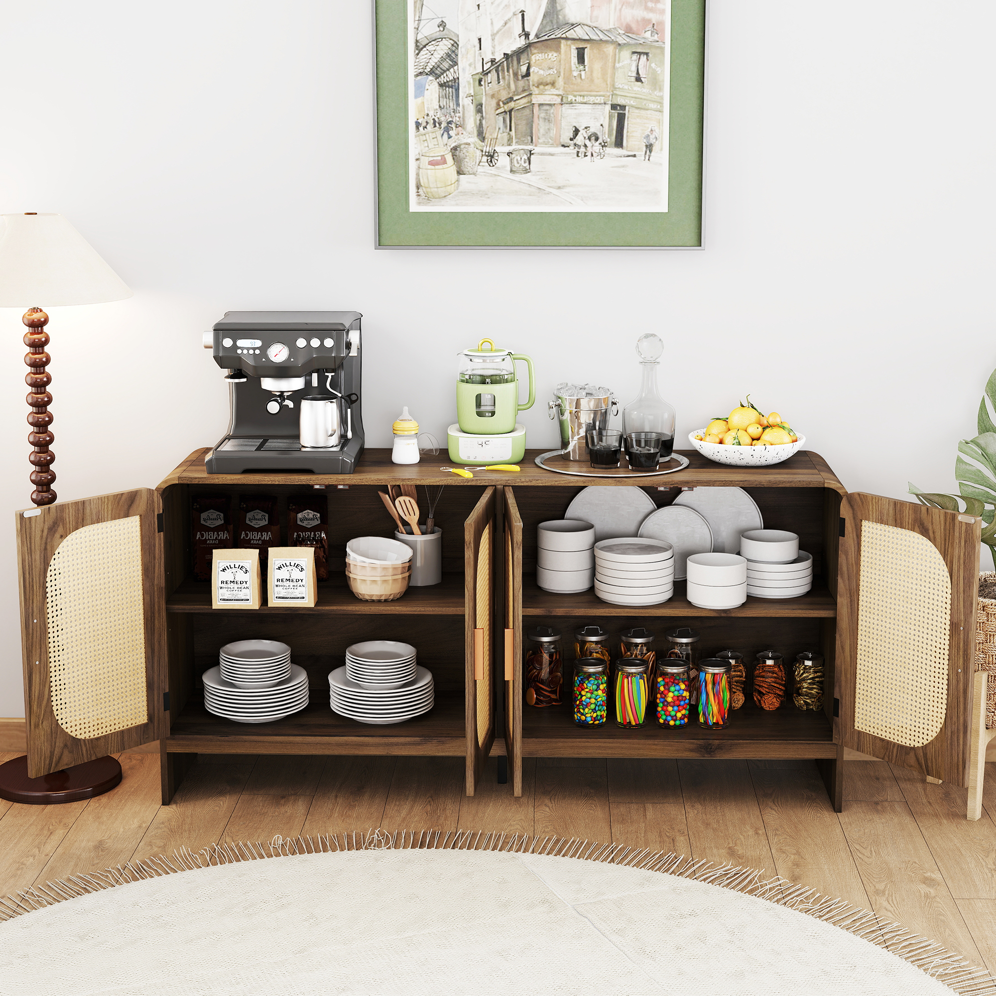 thumbnail video image 2 of Modern Rattan Sideboard Buffet Cabinet, Boho Kitchen Buffet Table Console Cabinets with Adjustable Shelves, Living Room TV Stand for TVs up to 65", for Dining Living Room Entryway, Walnut, 2 of 8