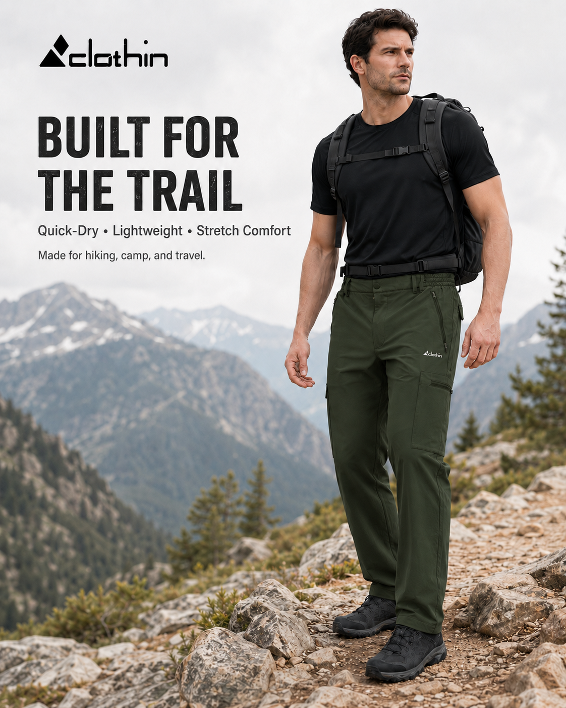 thumbnail video image 2 of Clothin Men's Elastic-Waist Travel Pant Stretchy Lightweight Thin Multi-Pockets Quick Dry Breathable(Moss L-32), 2 of 8