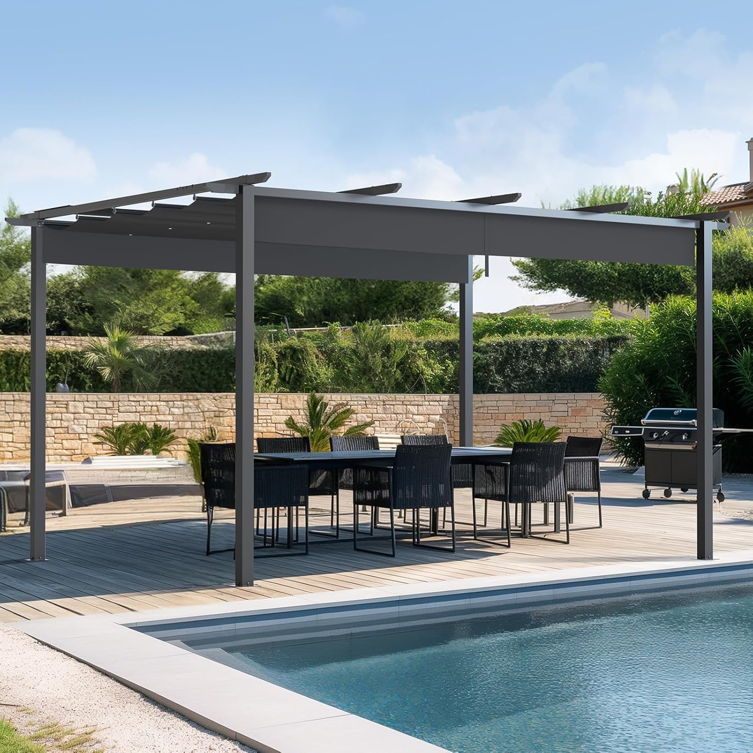 thumbnail video image 2 of Vitarpatio 10' x 10' Outdoor Retractable Pergola with Canopy, Aluminum Pergola Patio Grill Gazebo w/ Drainage Holes & Windproof Hooks, 2 of 10