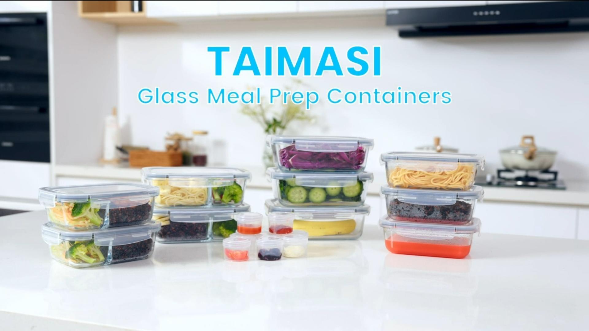 thumbnail video image 2 of 20 Pcs Glass Food Storage Containers with Lids 22oz, 1 & 2 Compartment Glass Airtight Meal Prep Containers with Sauce Containers(10 Containers & 10 Lids), Oven & Freezer Safe, Leak Proof, Grey, 2 of 9