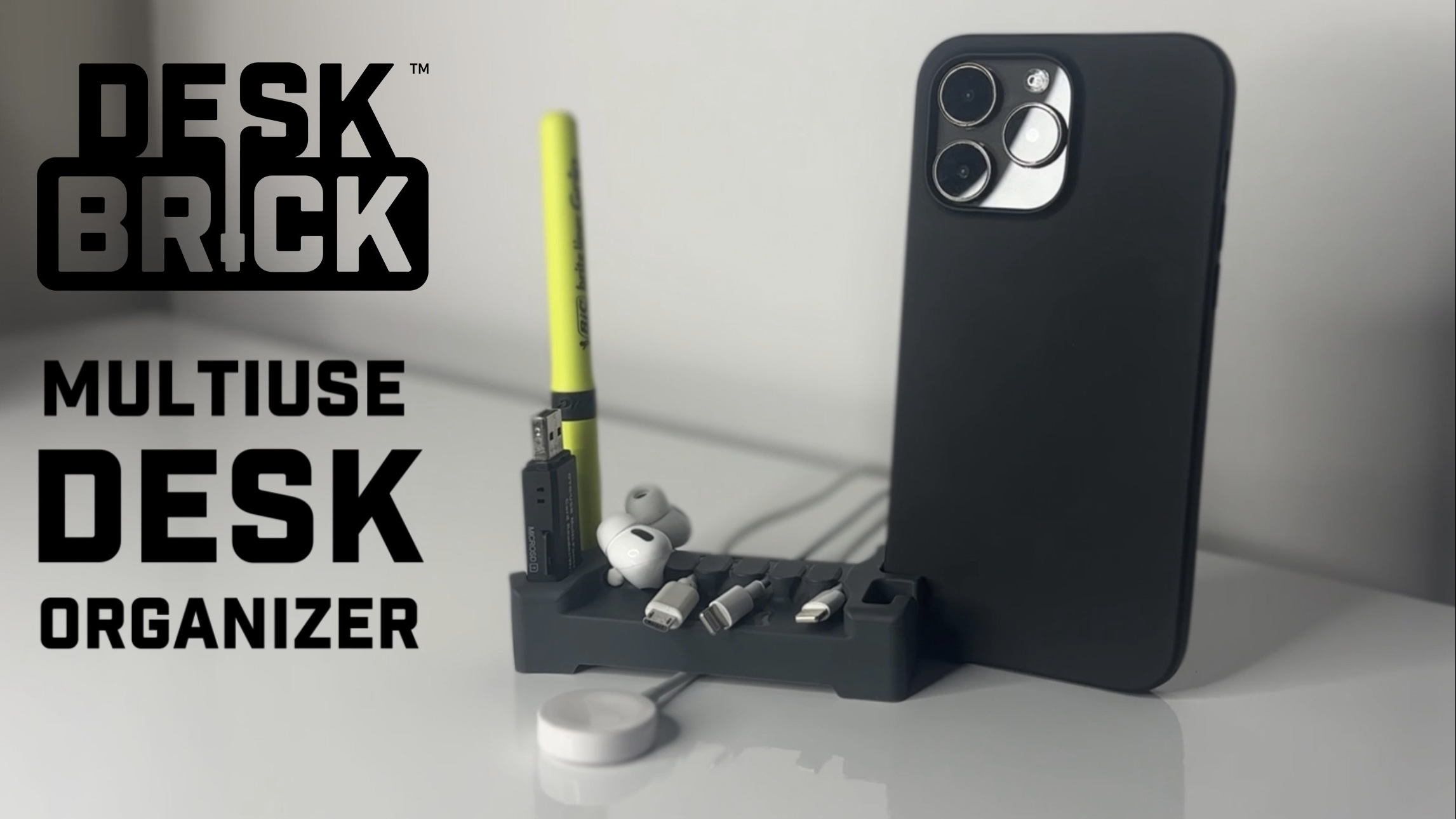 thumbnail video image 2 of DeskBrick – Patented Non-Slip Steel-Weighted Desk Organizer & Cable Management Gadget, Versatile Cord, Phone & Accessory Holder for Office, Home & Desktop – Best Gift for Men.  Blue, 2 of 7