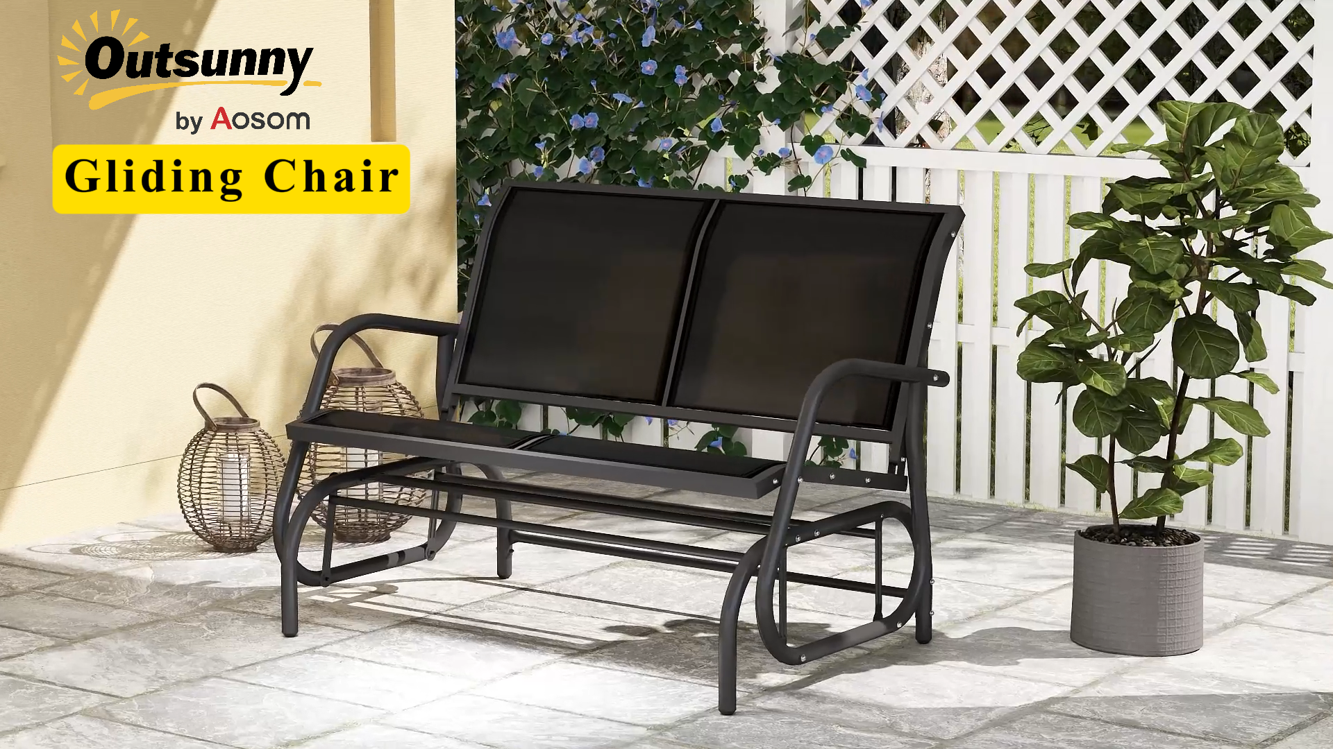 thumbnail video image 2 of Outsunny 2-Person Outdoor Glider Bench, Patio Double Swing Rocking Chair Loveseat w/Powder Coated Steel Frame for Backyard Garden Porch, Black, 2 of 10