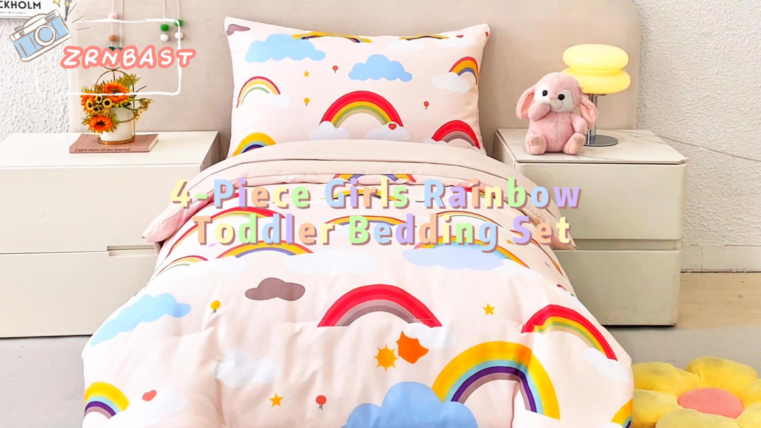 thumbnail video image 2 of ZRNBAST 4 Piece Toddler Bedding Set, Rainbow Clouds Kids Crib Toddler Comforter Set for Girls, Beige, 2 of 8