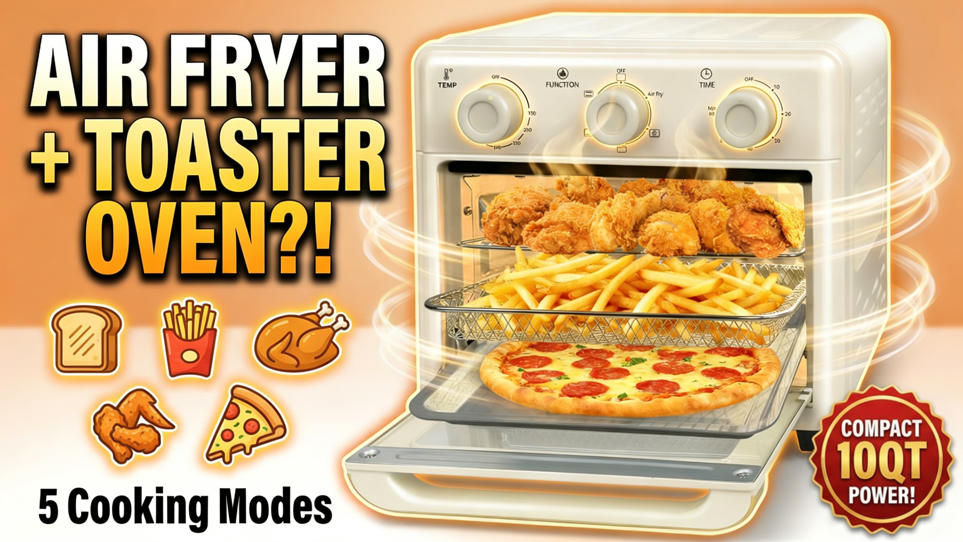 thumbnail video image 2 of MFVV 10.6QT Toaster Oven Air Fryer Combo,1000W Air Fryer Oven Combo ,3-Layer Cooking,Ideal For Small Kitchen,3 Knob Control & Visible Window, 2 of 10