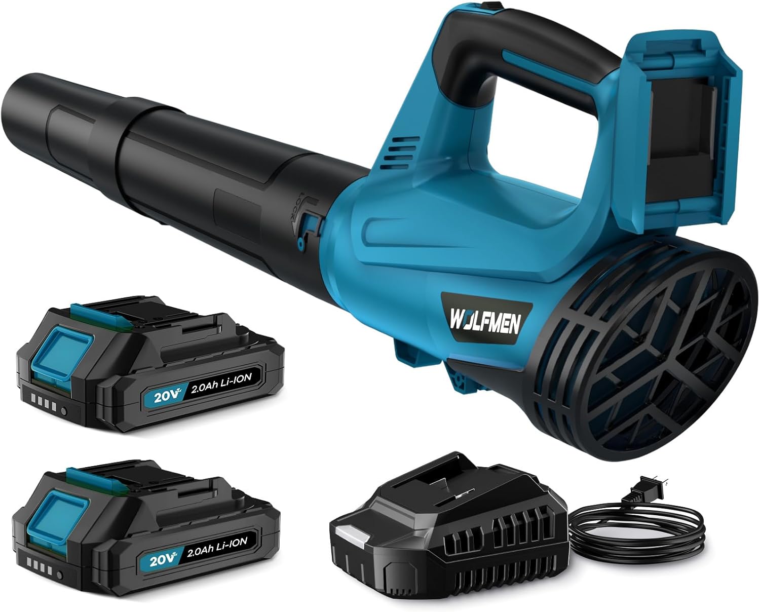 thumbnail video image 2 of DARKIRON Cordless Leaf Blower, 20V Leaf Blower with 2 Batteries & Charger,Up to 450CFM/150MPH, 2 Variable Speed, Lightweight for Blowing Leaves, Patio Cleaning, Lawn Care and Dust (Blue), 2 of 8