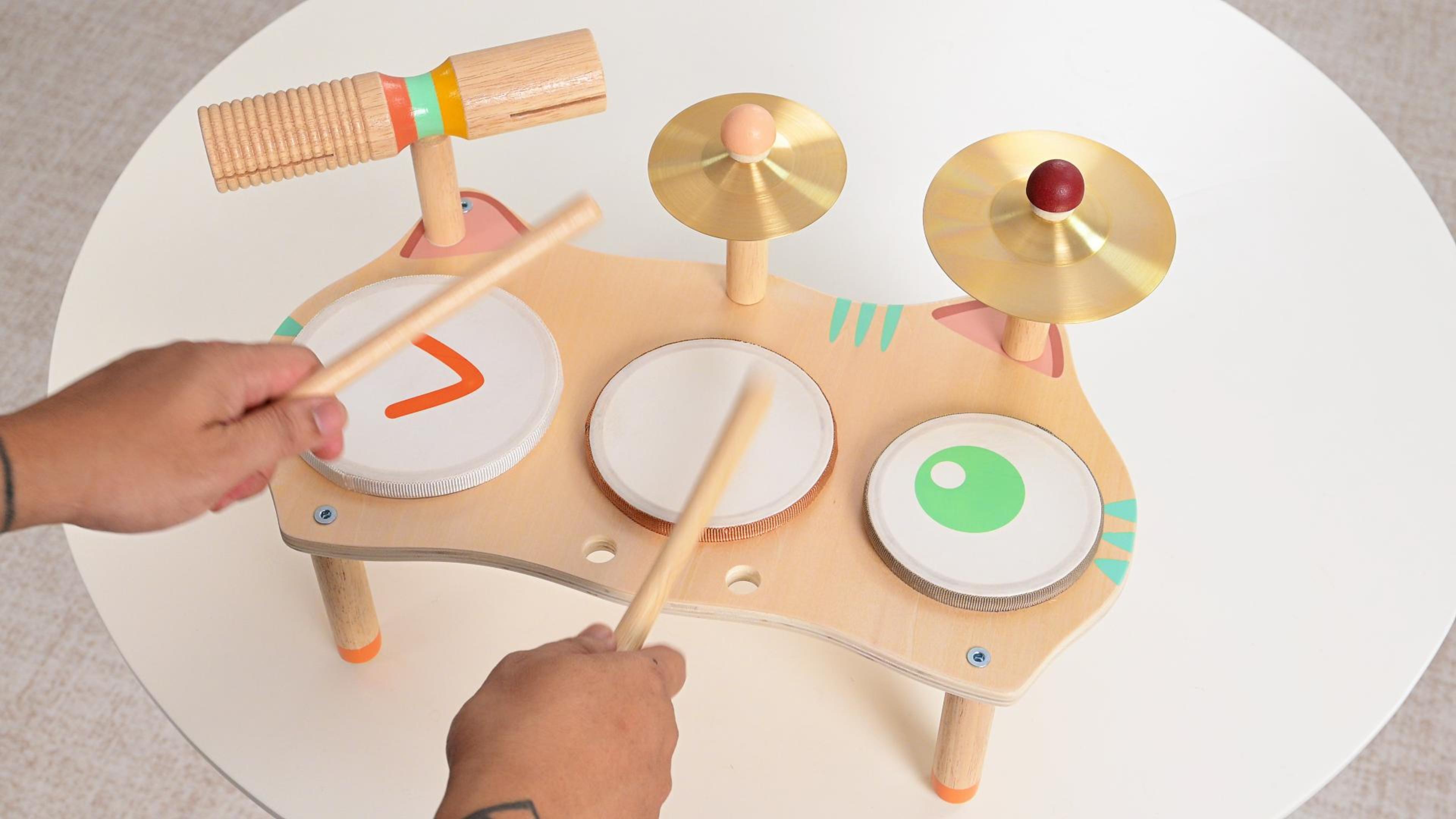 thumbnail video image 2 of OATHX Kids Drum Set Montessori Musical Instruments Wooden Music Toys for Baby Toddler Sensory Preschool Drum Kit, Birthday Gifts for Boys Girls, 2 of 8