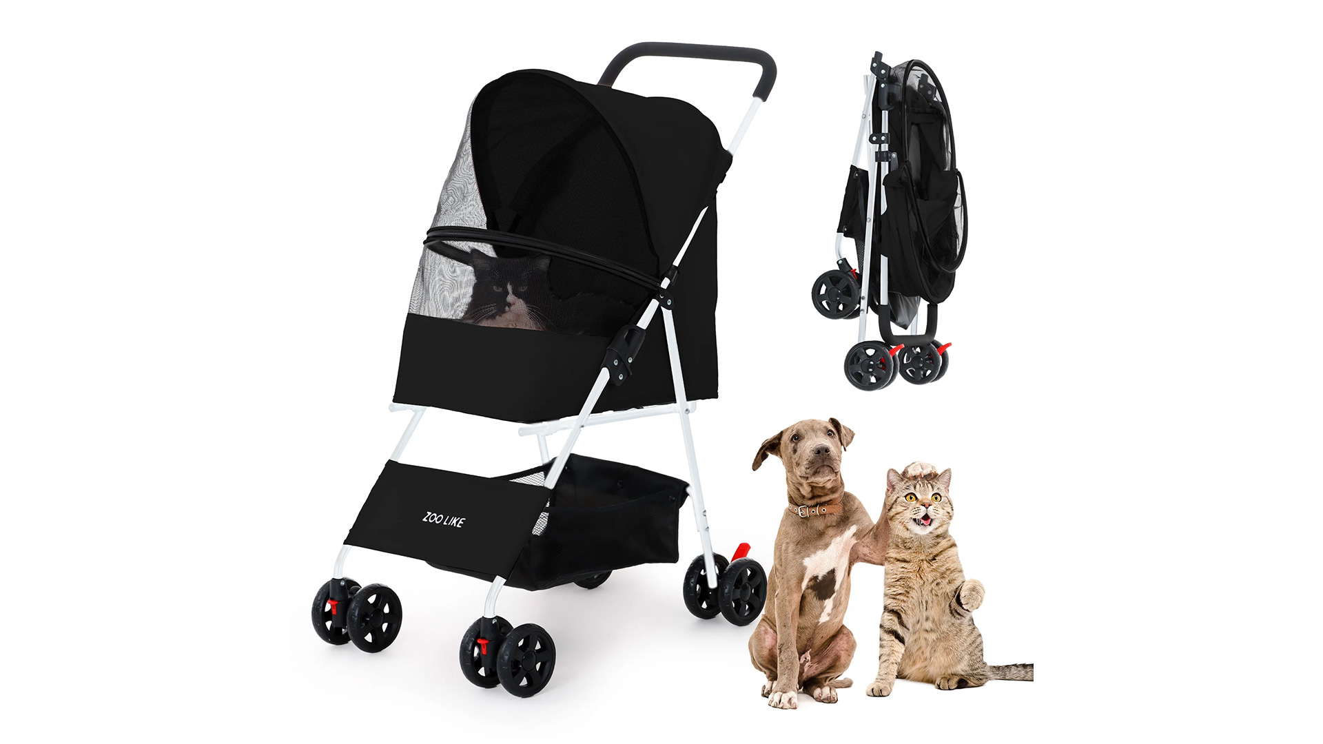 thumbnail video image 2 of ZOOLIKE 4-Wheeled Pet Stroller for Cats & Dogs, Foldable Travel Carrier with 360-Degree Swivel, Black, 2 of 8