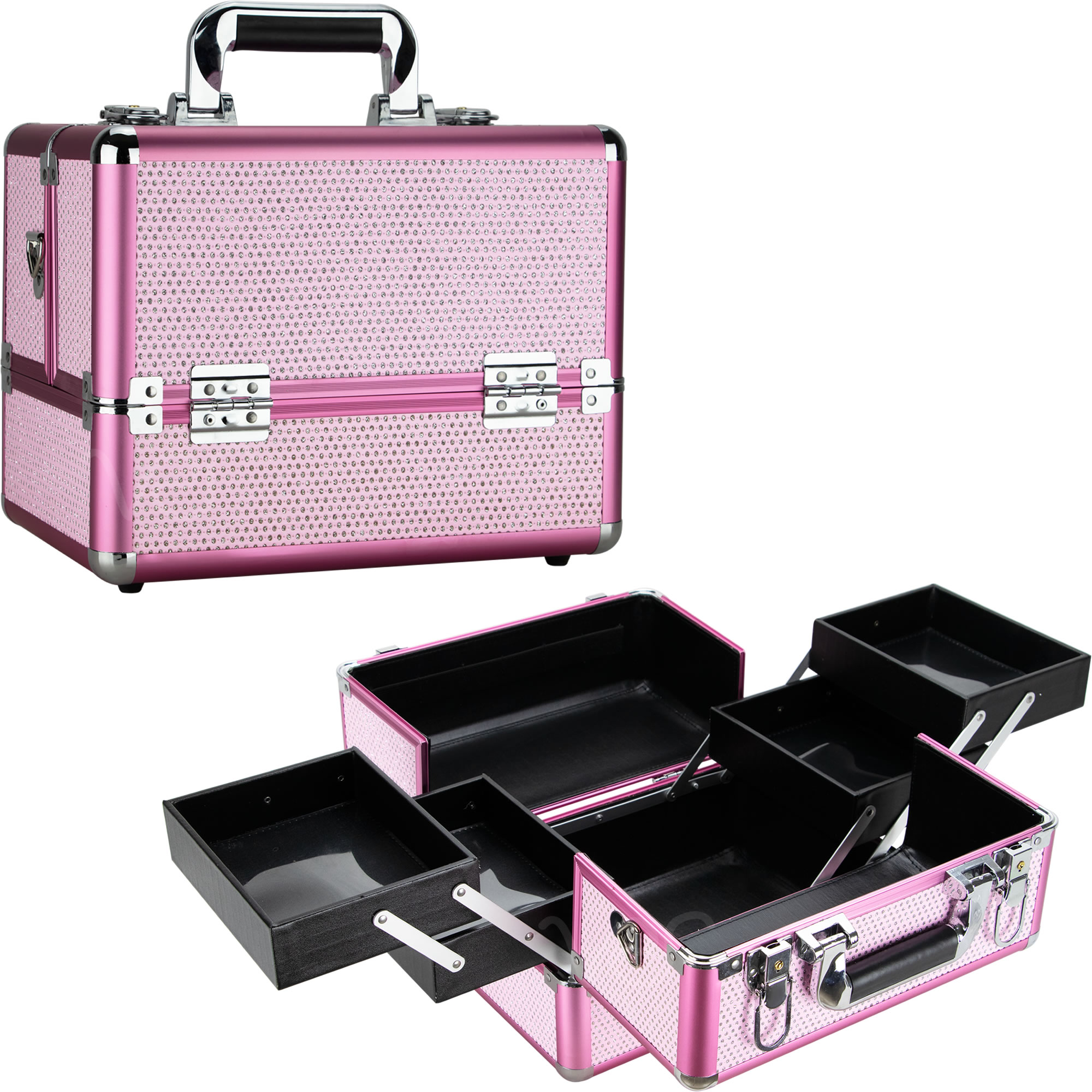 thumbnail video image 2 of VER Beauty Professional Aluminum 4-Tiers Accordion Trays Makeup Cosmetics Train Case Salon Cosmetology Portable Handheld Organizer Large Lockable Box (Pink Crystal), 2 of 7