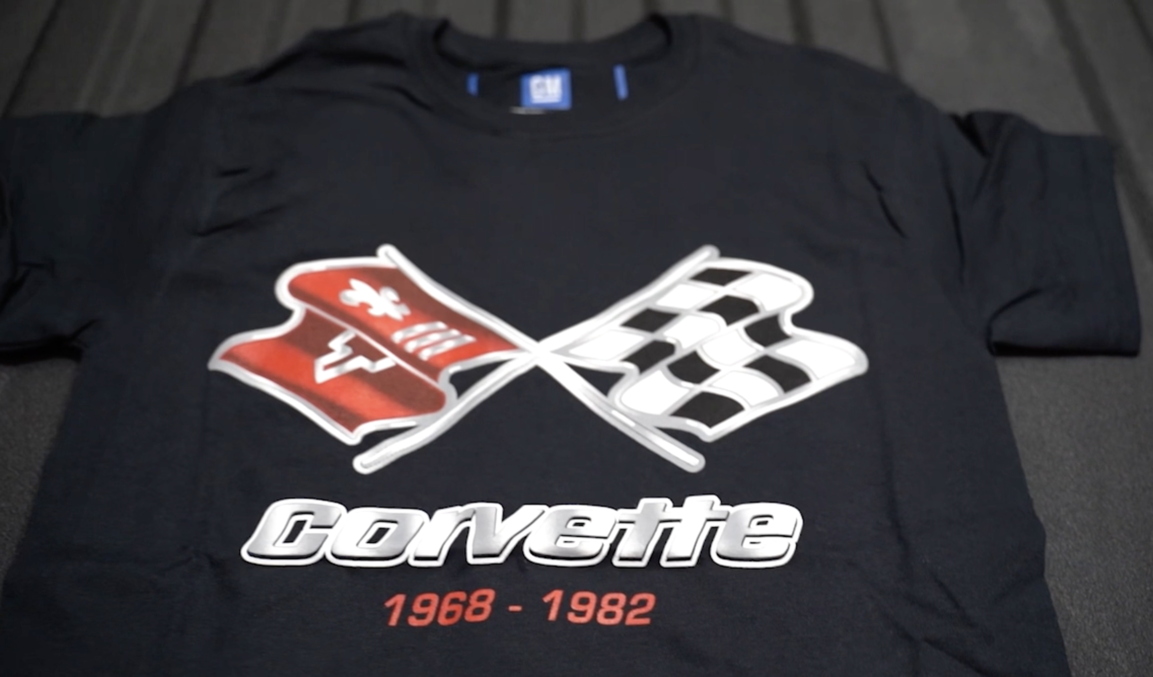 thumbnail video image 2 of JH Design Group Mens Chevy Corvette T-Shirt C3 Series Logo Black Crew Neck Shirt, 2 of 5