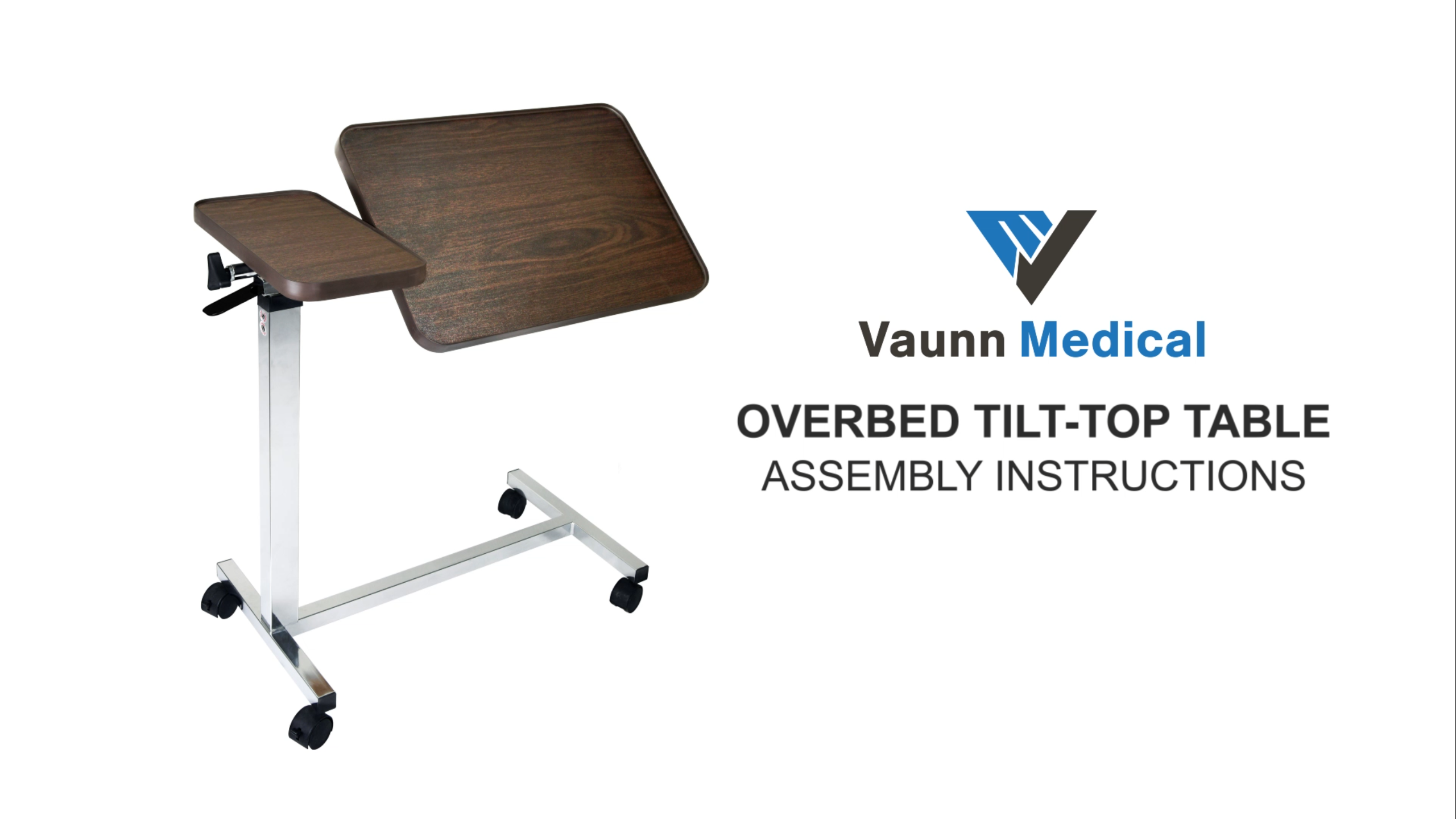 thumbnail video image 2 of Vaunn Medical Adjustable Tilt Overbed Bedside Table with Wheels for Hospital and Home Use, 2 of 7