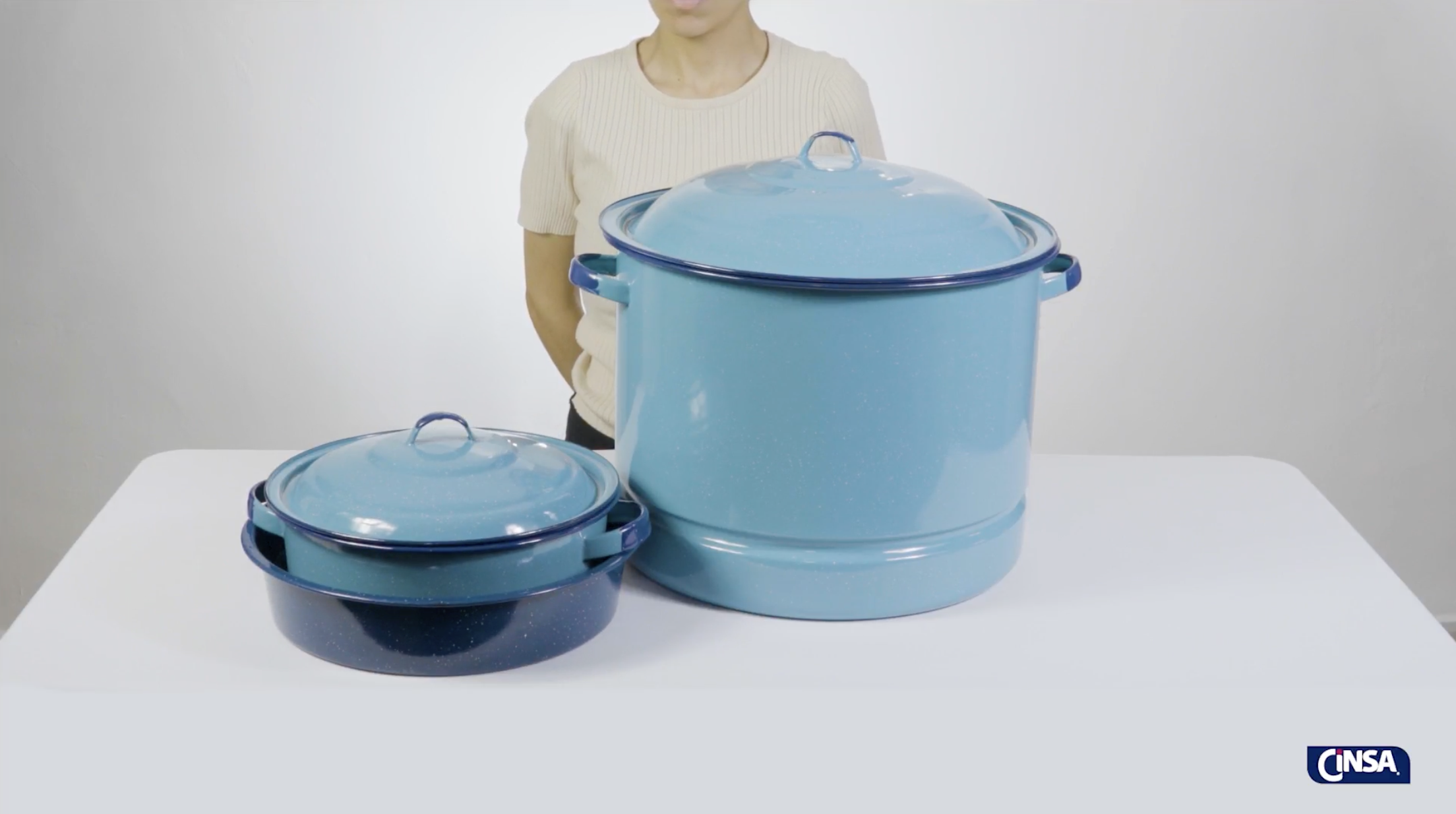 thumbnail video image 2 of Cinsa 6-Piece Enameled Steel Cookware Set with Steamer, Dutch Oven, and Multi-Use Dish, 2 of 8