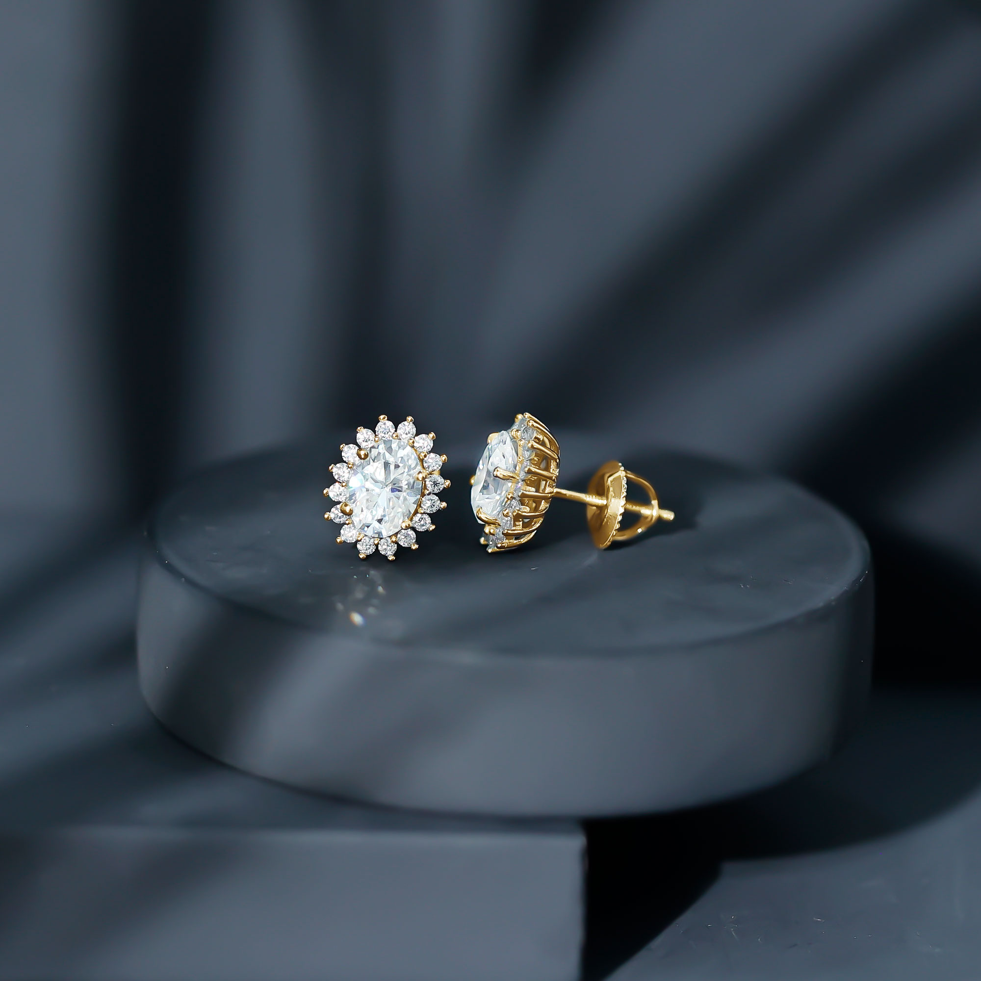 thumbnail video image 2 of Rosec Jewels Oval Shape Moissanite Stud Earrings with Halo for Women (D-VS1 Grade), 18K White Gold, 2 of 8