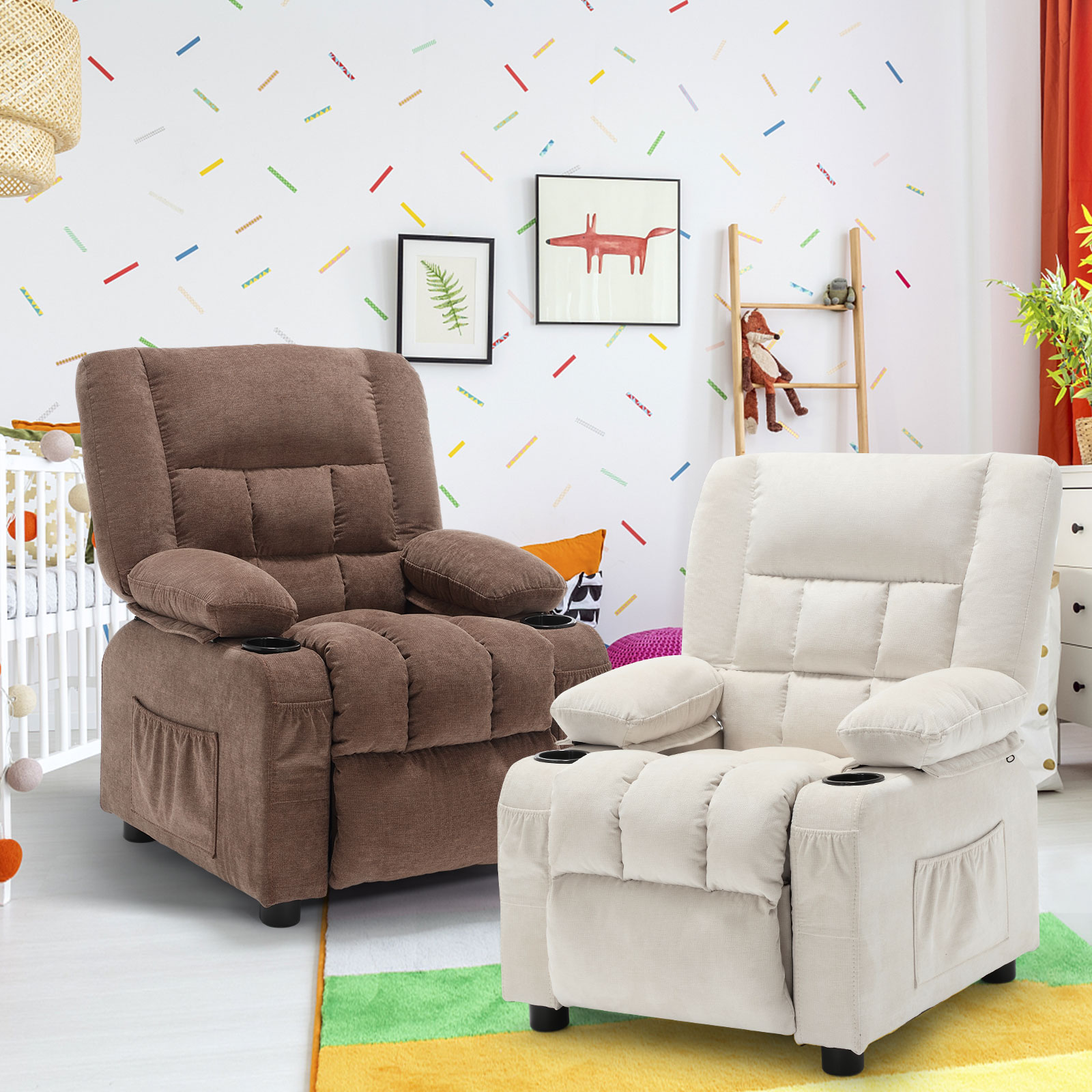 thumbnail video image 2 of JONPONY Kids Recliner Chair,Push Back Toddler Recliner with Cup Holders & Side Pockets,Adjustable Footrest & Headrest Kids Sofa for Boys Girls 3+ Age Group, Brown, 2 of 12