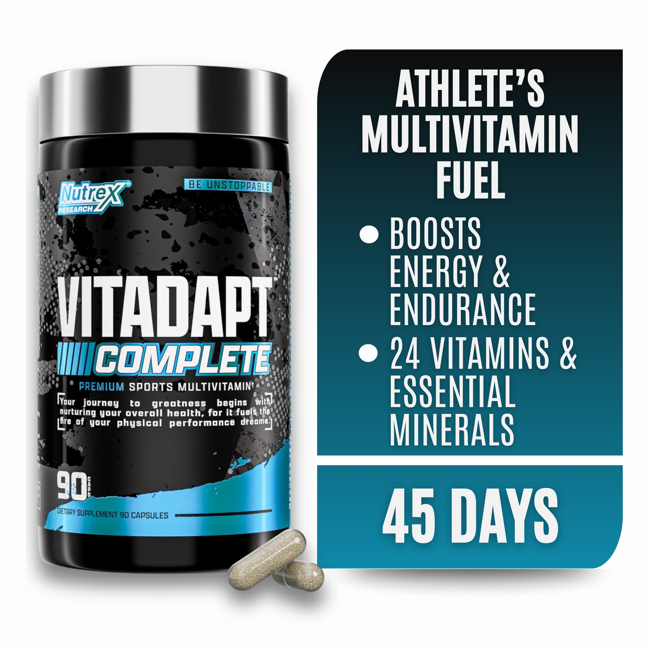 thumbnail video image 2 of Vitadapt Complete Sports Multivitamin for Men - 24 Vitamins, KSM-66 Ashwagandha and Minerals for Athletes - Mens Multivitamin Daily Gym Supplements (90 Capsules), 2 of 8