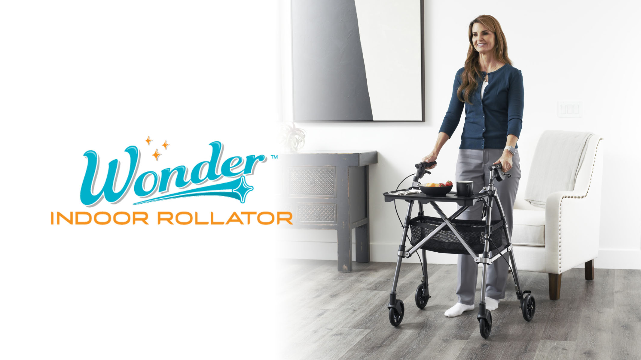 thumbnail video image 2 of Stander Wonder Indoor Rollator with Tray and Basket, Lightweight Folding Mobility Rolling Walker for Seniors and Adults, Narrow Walker with 6-inch Wheels, Locking Brakes, Black Walnut, 2 of 7
