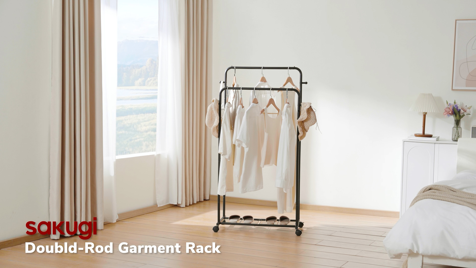 thumbnail video image 2 of Sakugi Clothes Rack, Double-Rod Garment Rack with Hooks & Mesh Shlef, Versatile Clothing Racks for Hanging Clothes, Hats, Bags, Portable Hanger for Bedroom, Laundry, 32.7"×16"×59.1", Black, 2 of 8