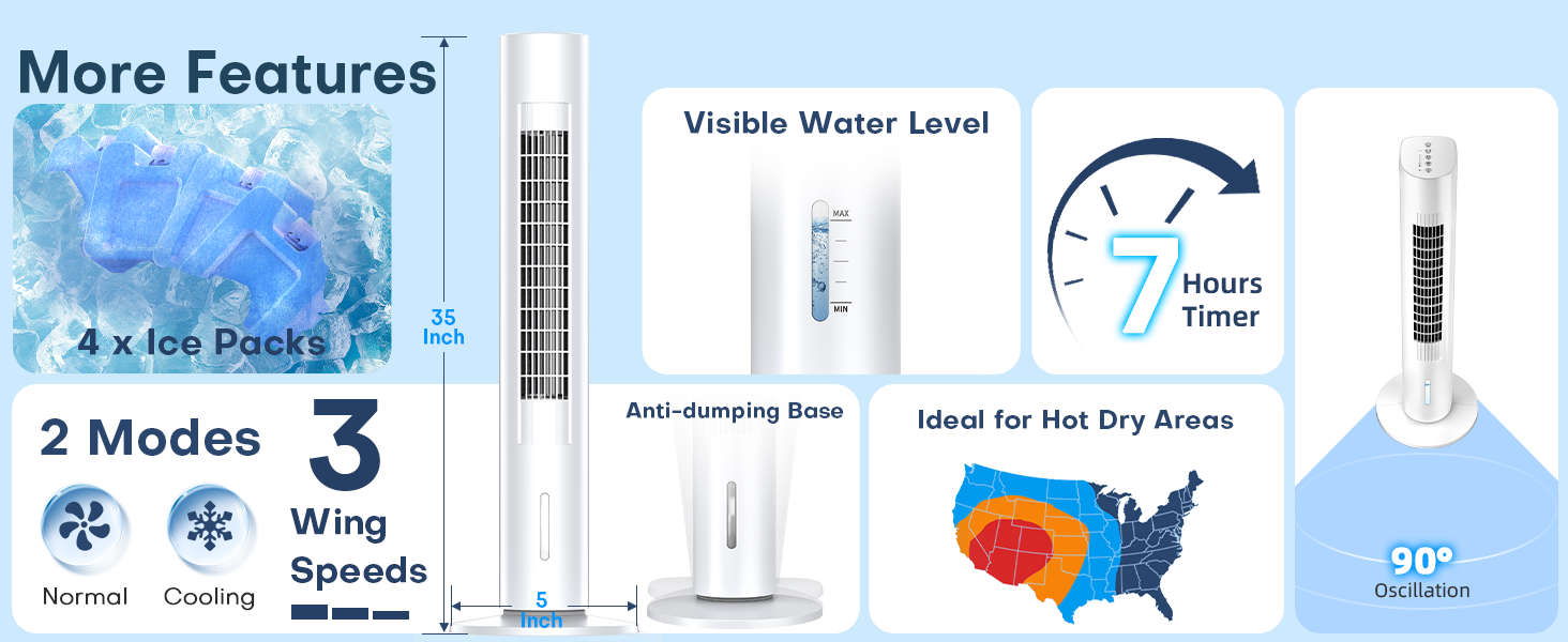 thumbnail video image 2 of 35" Evaporative Cooler, Swamp Cooler w/4 Ice Packs, 3 Speeds, 25ft Remote & 7H Timer, 90°Oscillating, Windowless Portable Air Conditioner for Bedroom Indoor, 2 of 10