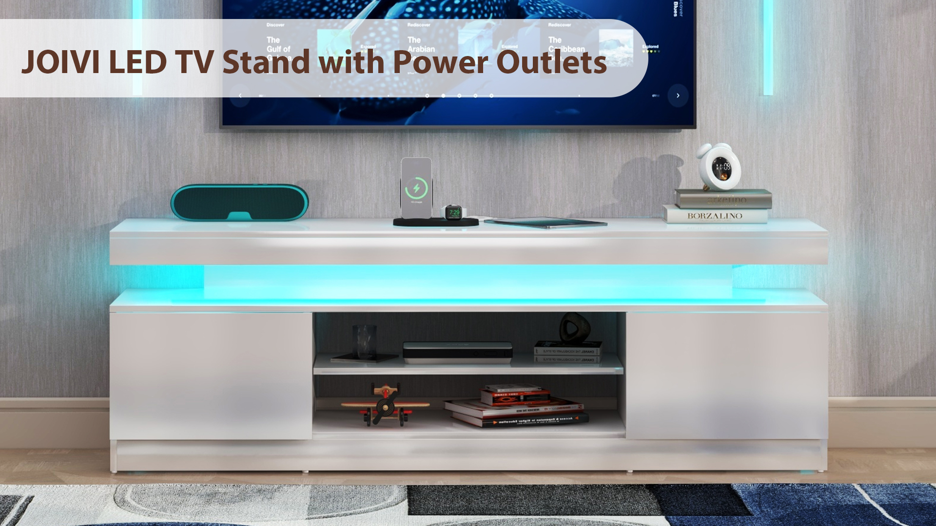 thumbnail video image 2 of JOIVI LED TV Stand with Power Outlets, Modern High Gloss Entertainment Center for TVs Up to 75", TV Media Console with Storage, White, 2 of 10