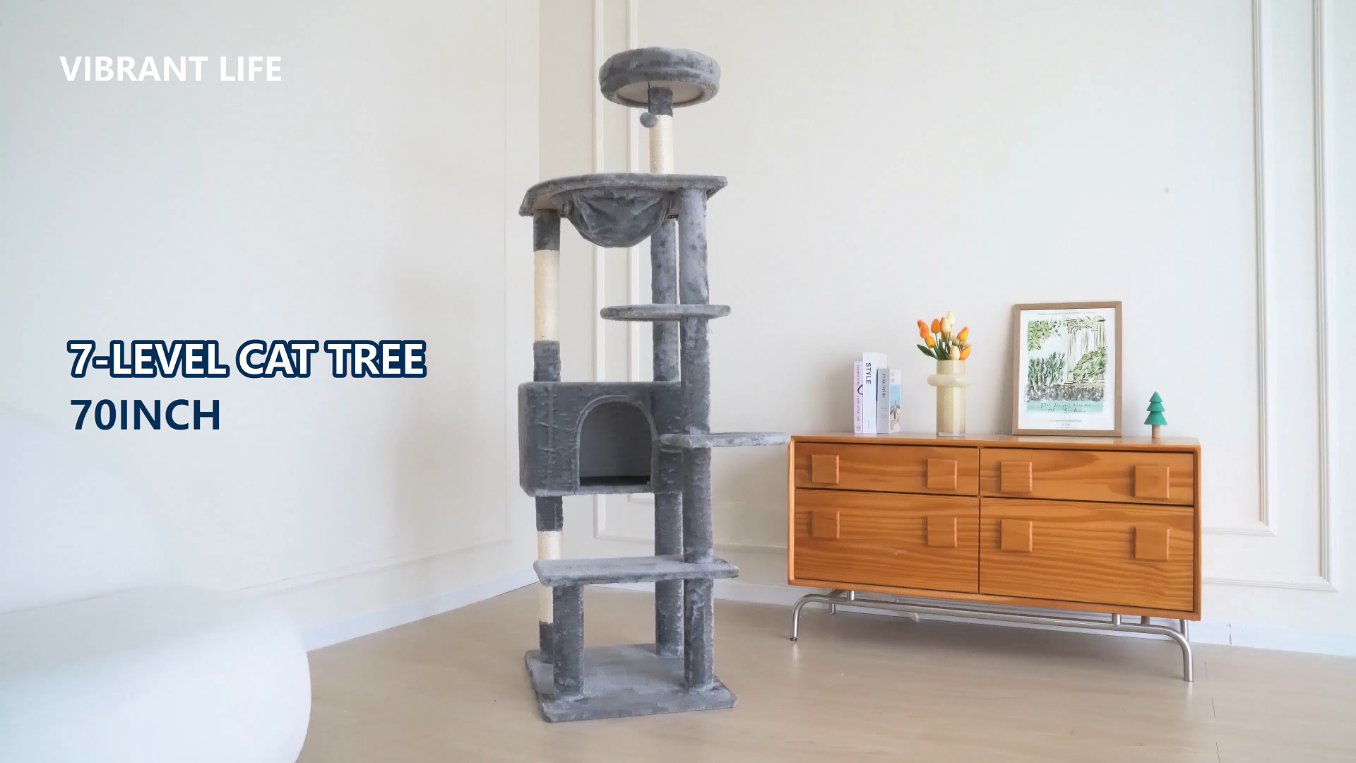 thumbnail video image 2 of Vibrant Life 70” Cat Tree for Indoor Cat,Multi-Level Cat Tower with Scratching Posts, Gray, 2 of 13
