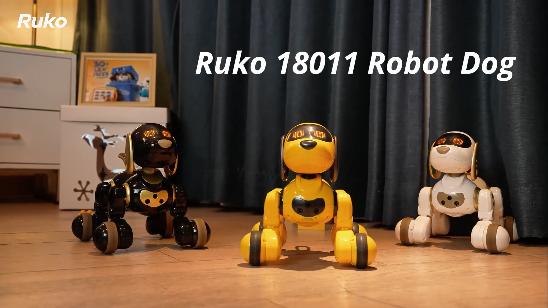thumbnail video image 2 of Ruko 18011 Robot Dog Toy, Smart Interactive Puppy, Programmable, 30+ LED Faces, Remote & Gesture Control, Black & Gold, Ages 3-8, 2 of 10