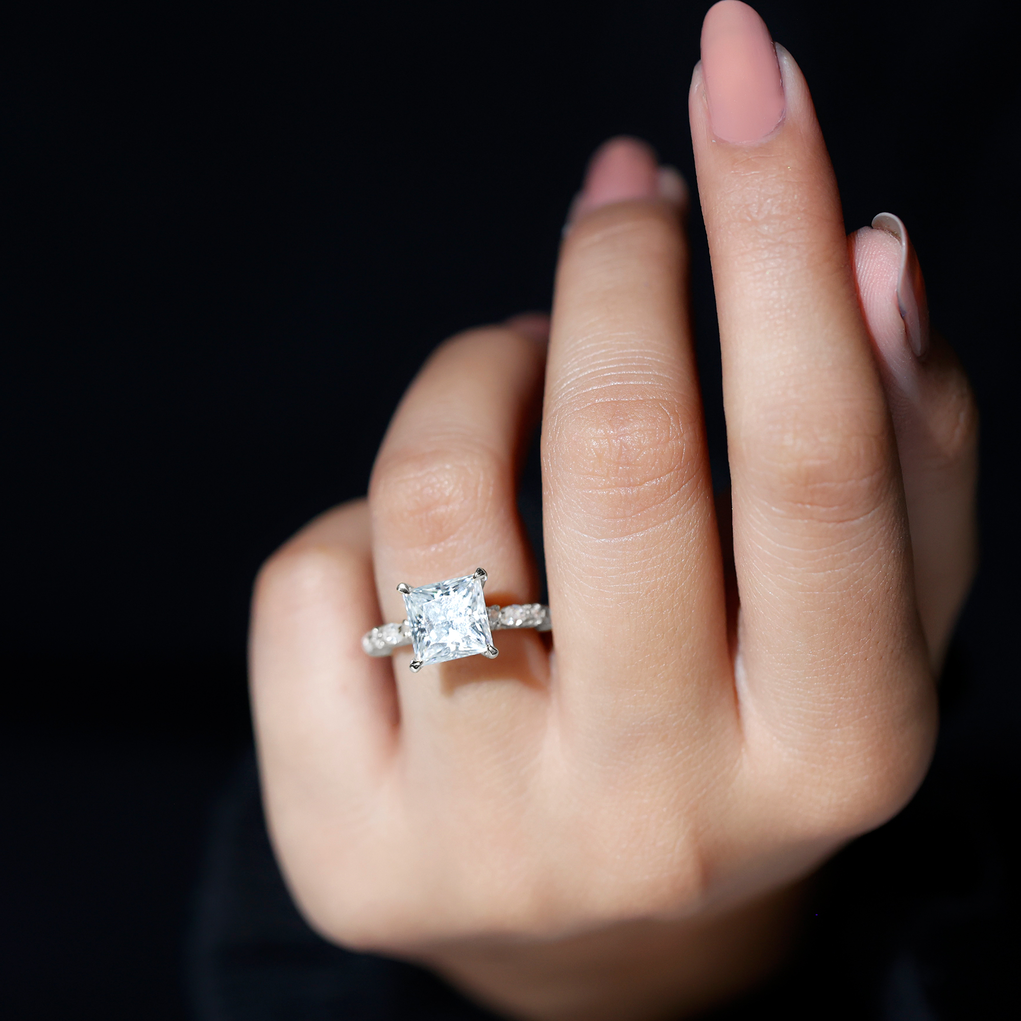 thumbnail video image 2 of Rosec Jewels Certified Moissanite Princess Cut Engagement Ring with Side Stones - 3 Carat Moissanite Ring - D-VS1 Grade, 10K Yellow Gold, US 11.00, 2 of 9