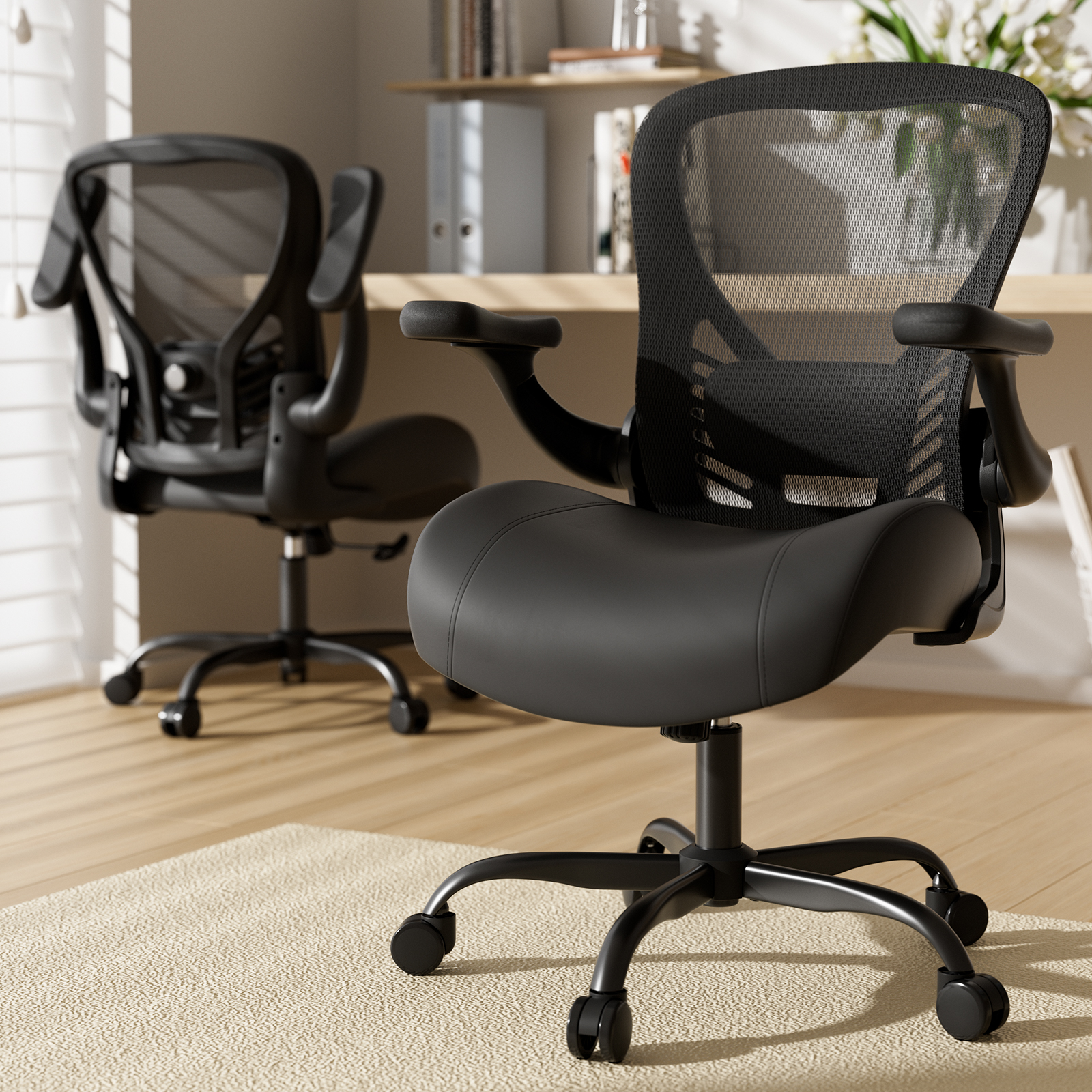 thumbnail video image 2 of HomeZeer Ergonomic Office Chair, Mesh Back Desk Chair with Flip up arms, Swivel Computer Chair with Lumbar Support, Black Leather, 350lb, 2 of 10