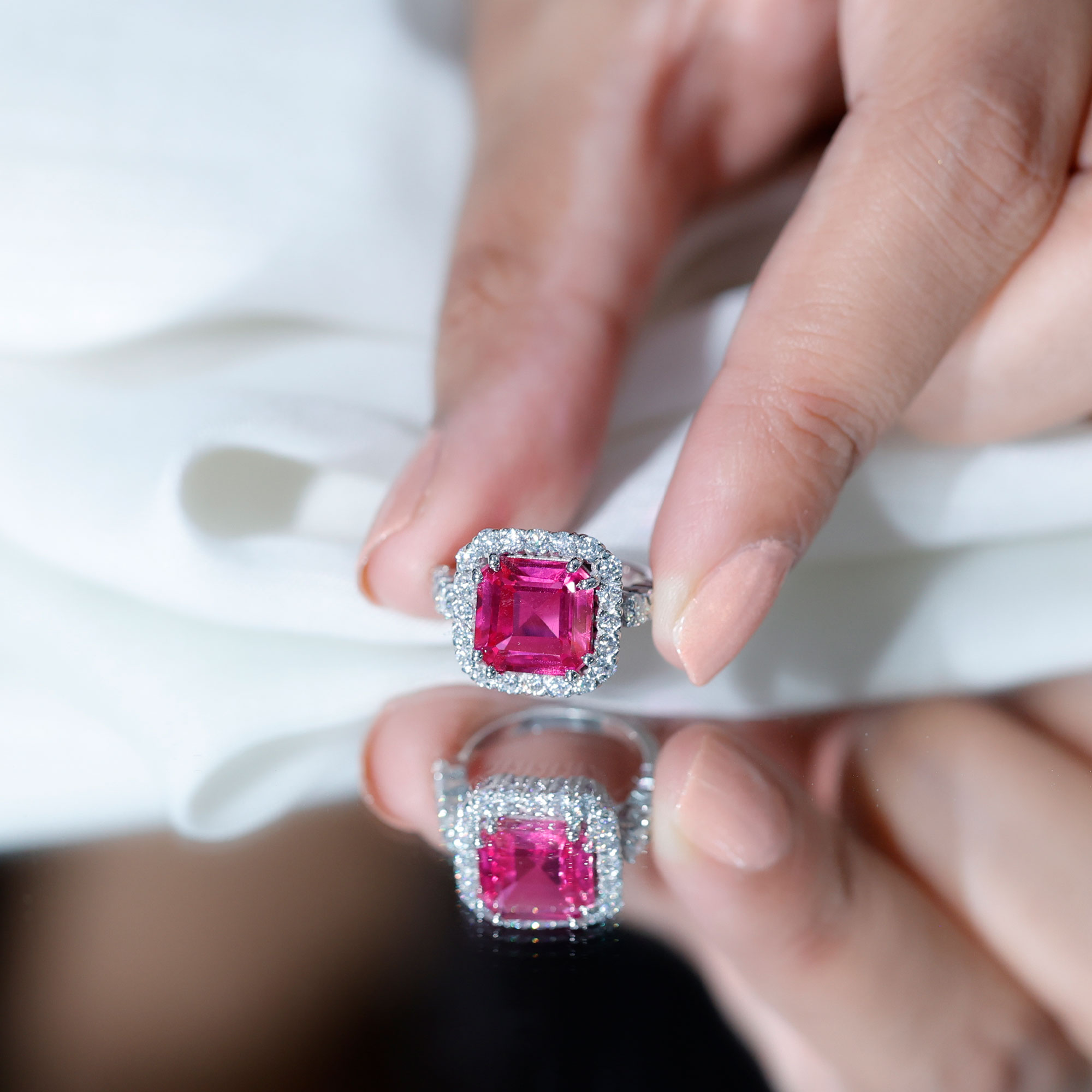 thumbnail video image 2 of Rosec Jewels Pink Sapphire Halo Engagement Ring for Women - (AAAA Quality, 9 mm) Asscher Cut Lab Sapphire Ring with Moissanite, 18K White Gold, US 7.50, 2 of 8