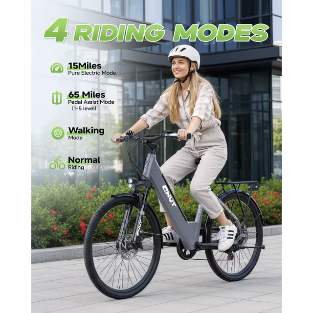 thumbnail video image 2 of QNUT Electric Bike , 26" 1200W Peak with 48V Battery 7 Speed 20MPH 65 Miles Ebike Step Through Commuter E bike for Adults, 2 of 18