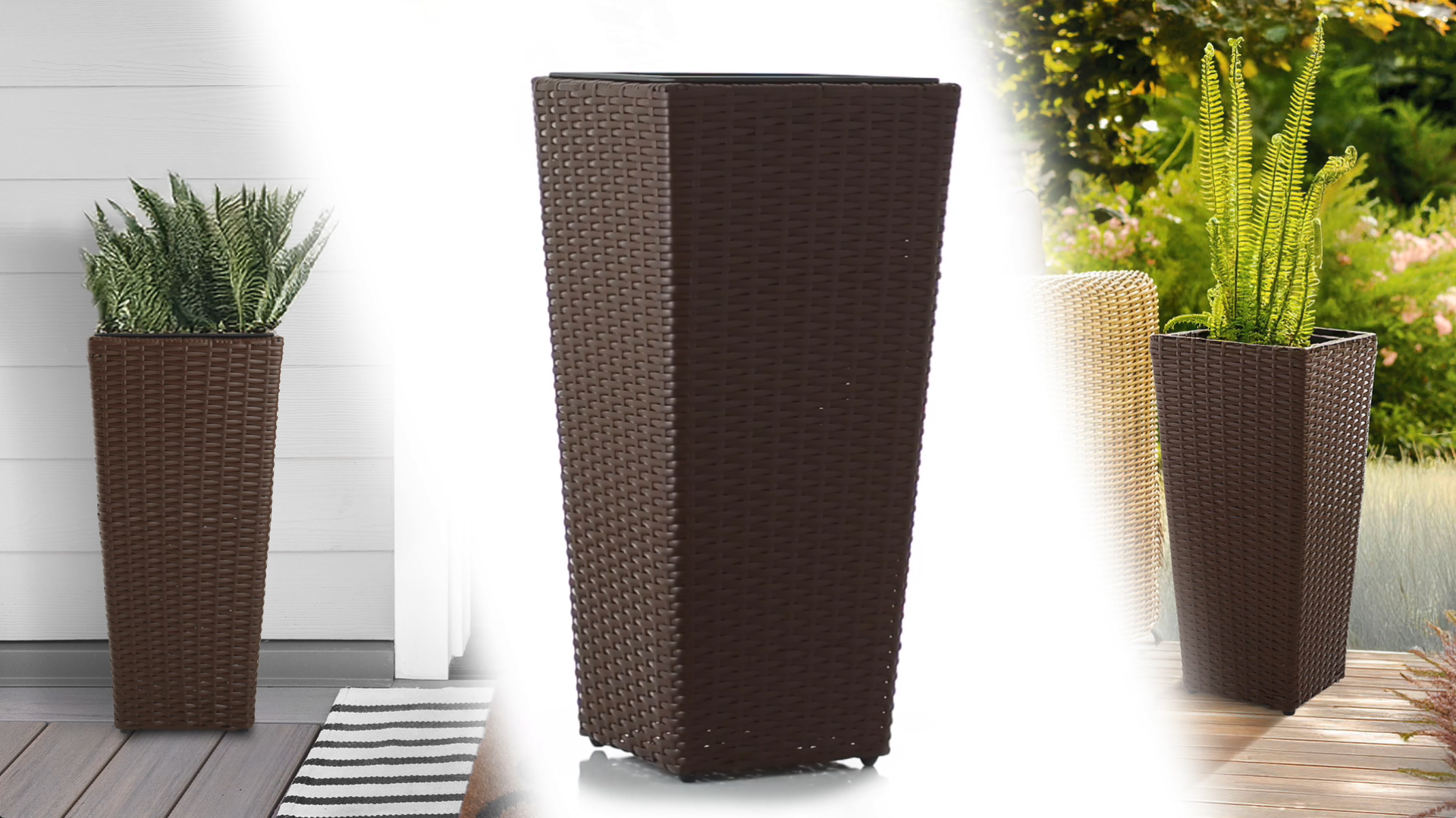 thumbnail video image 2 of Casafield (Set of 2) All-Weather Outdoor Planters with Liners - Espresso, Tall Tapered Plant Boxes with Flower Pots for Front Porch, Patio, Garden, 2 of 8