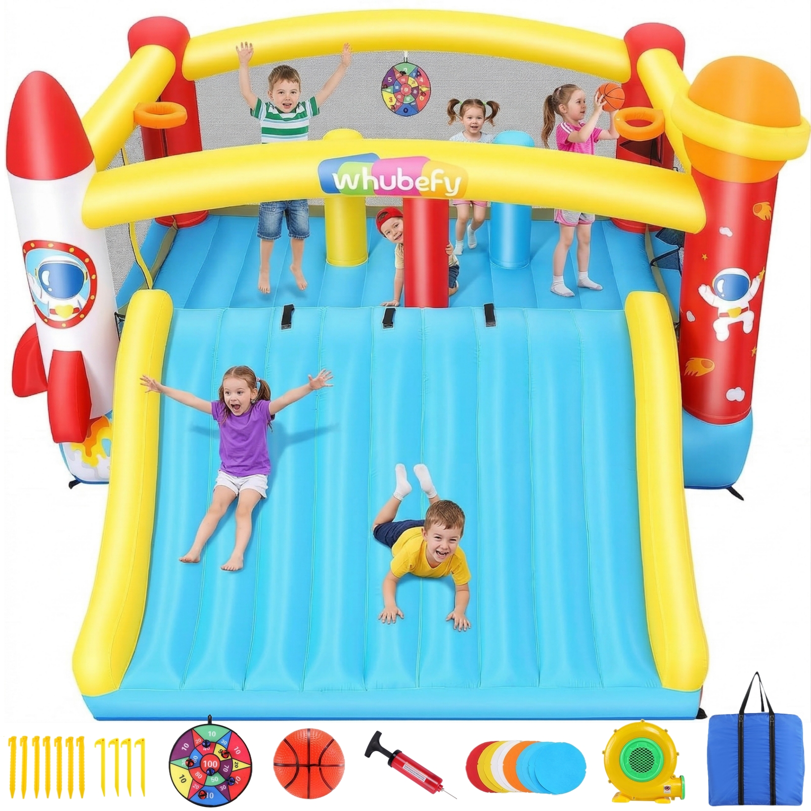 thumbnail video image 2 of Adnoom Inflatable Bounce House for Kids 3-12, Bouncy Castle with 550W Blower, Jumping House with Super Wide Slide, Obstacle Course, Basketball Hoops, Indoor/Outdoor, Space Rocket Theme, Backyard, 2 of 10